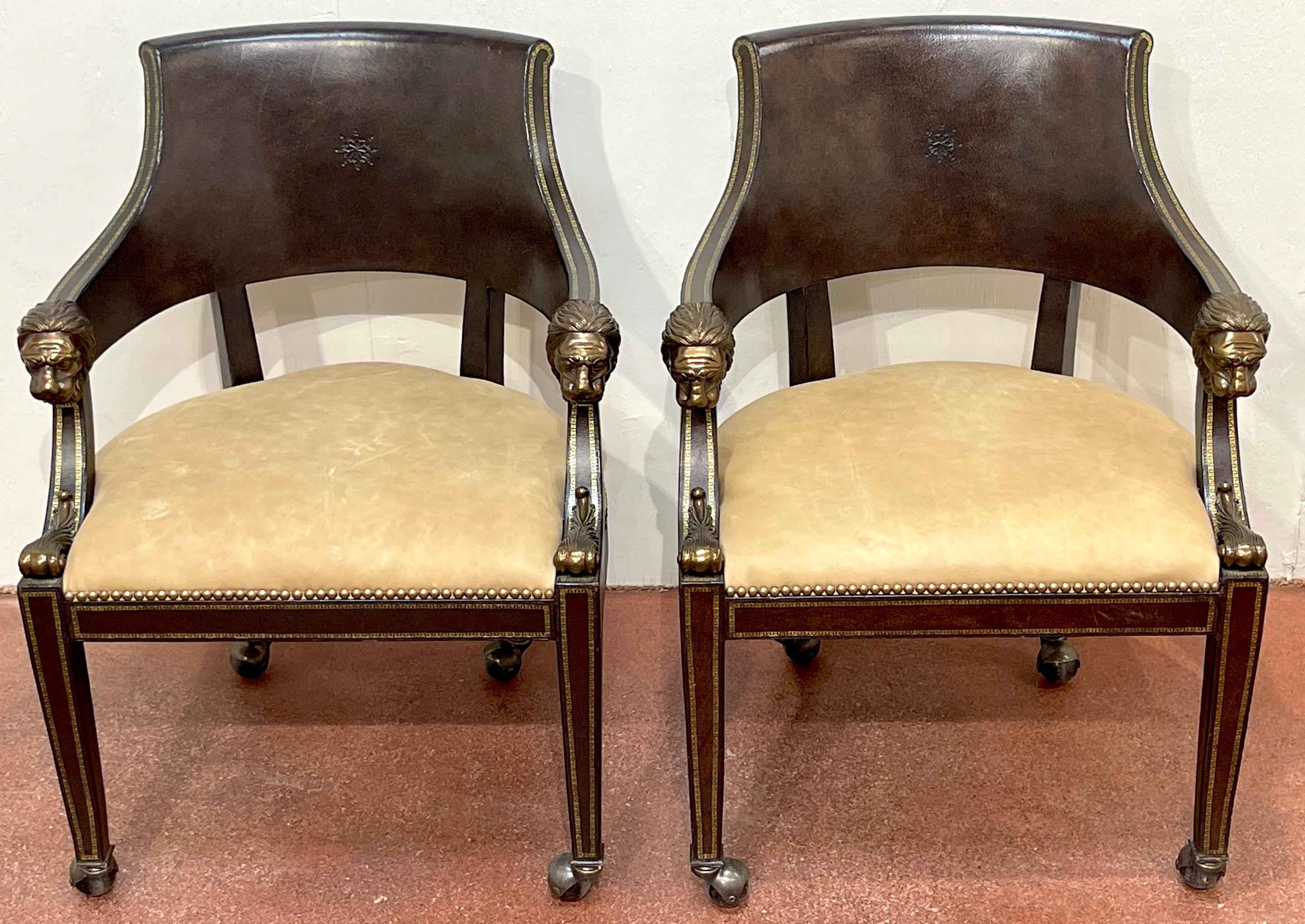 20th Century 4 Gilt Leather Tooled Bronze Lion Head Armchairs on Castors, By Maitland-Smith For Sale