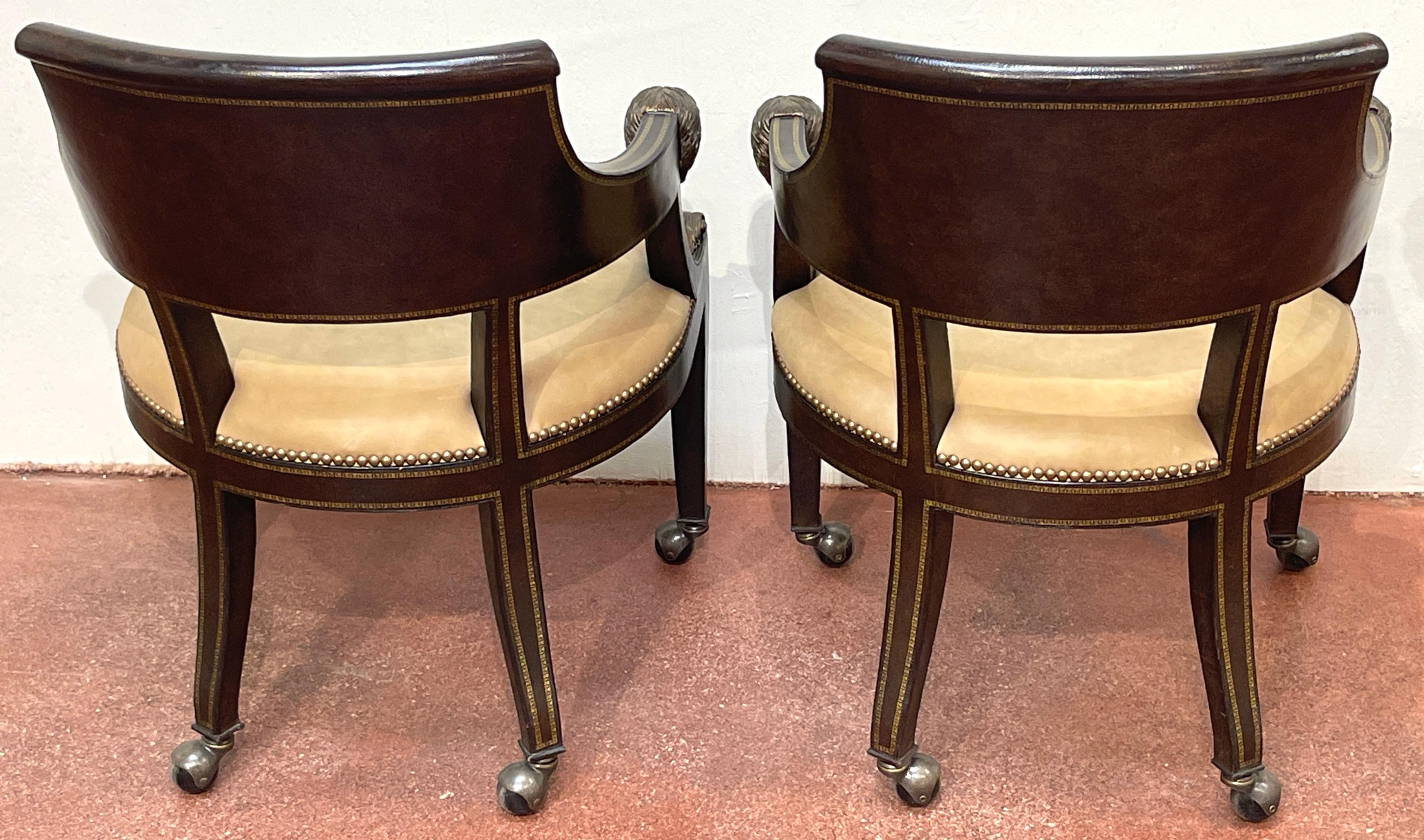 Metal 4 Gilt Leather Tooled Bronze Lion Head Armchairs on Castors, By Maitland-Smith For Sale