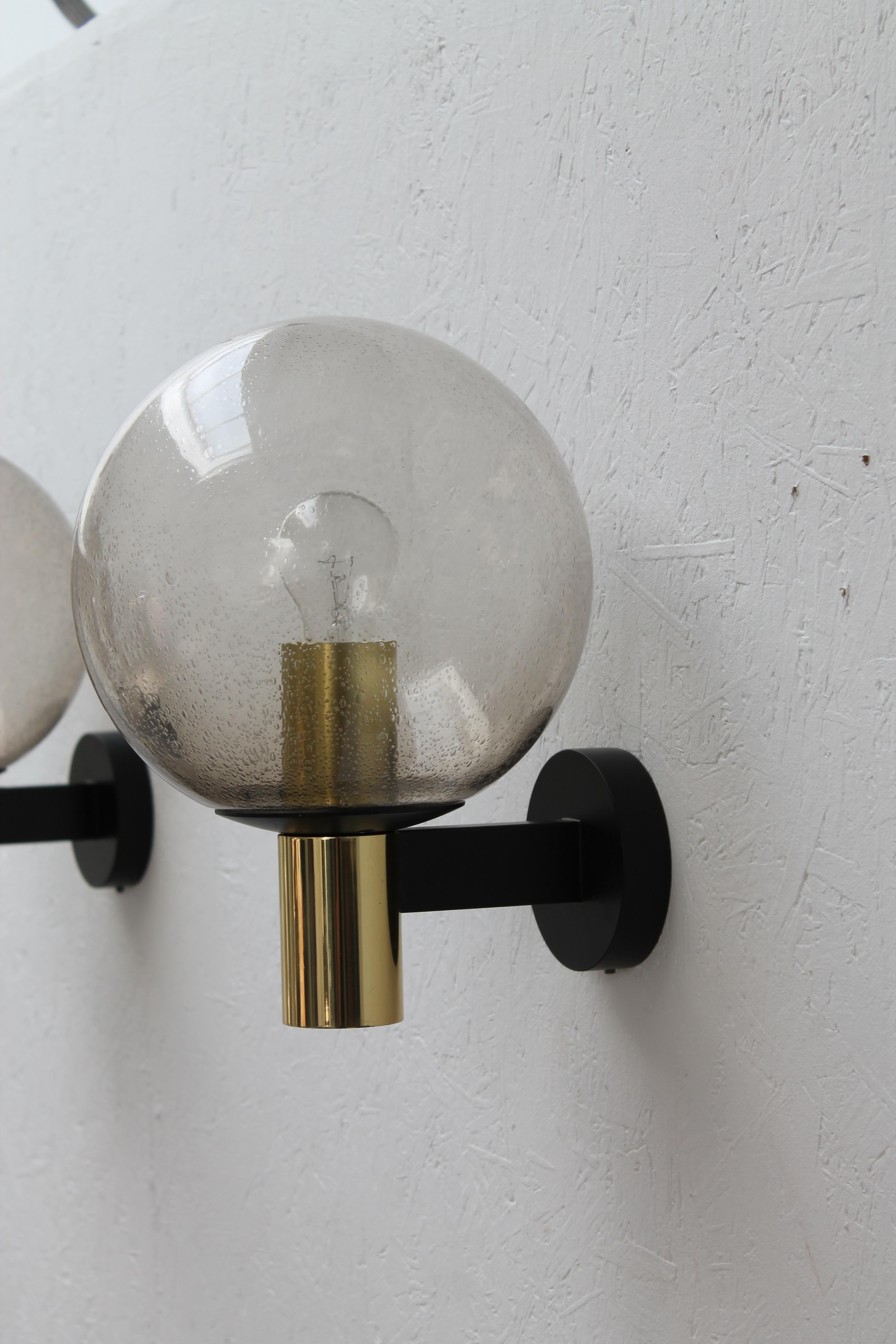 Brass 4 Glass Ball Wall Lamps Smoked Glass, 1960s