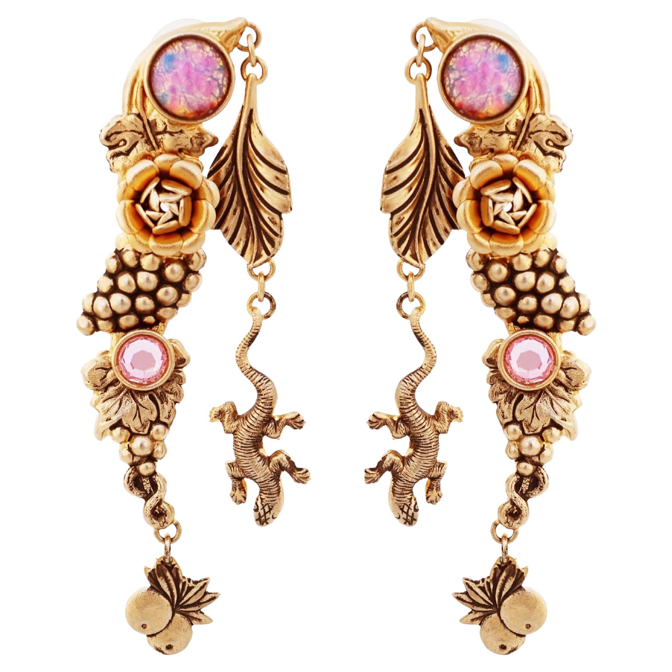 4" Gold Statement Earrings With Grapes, Lizards & Flowers By Natasha Stambouli For Sale