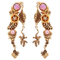 4" Gold Statement Earrings With Grapes, Lizards & Flowers By Natasha Stambouli