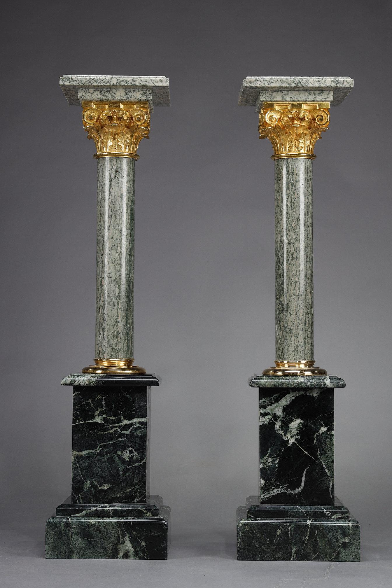 French 4 green marble columns with Corinthian ormolu capitals For Sale