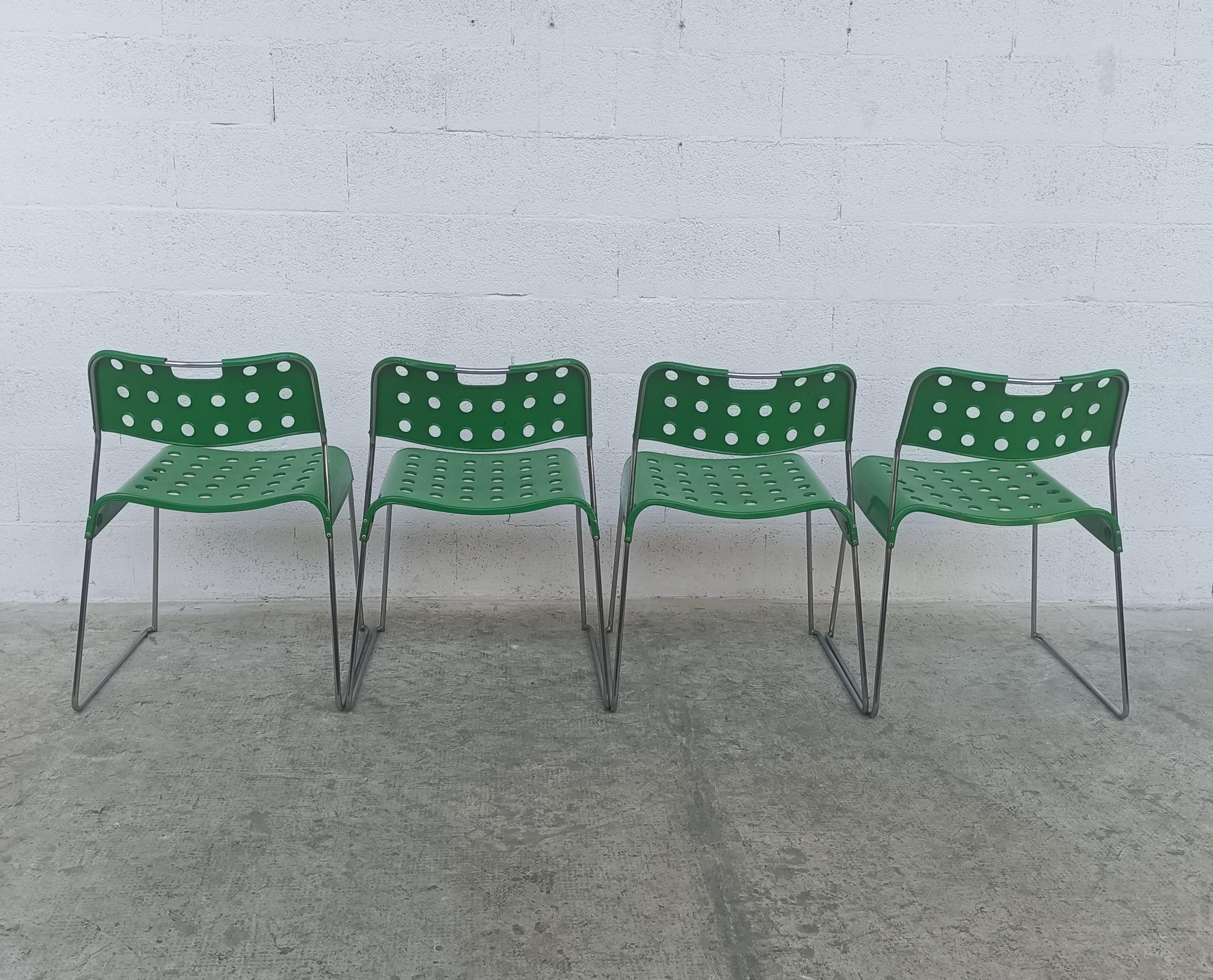 Mid-Century Modern 4 Green Omkstak Stackable Chairs by Rodney Kinsman for Bieffeplast 70s For Sale