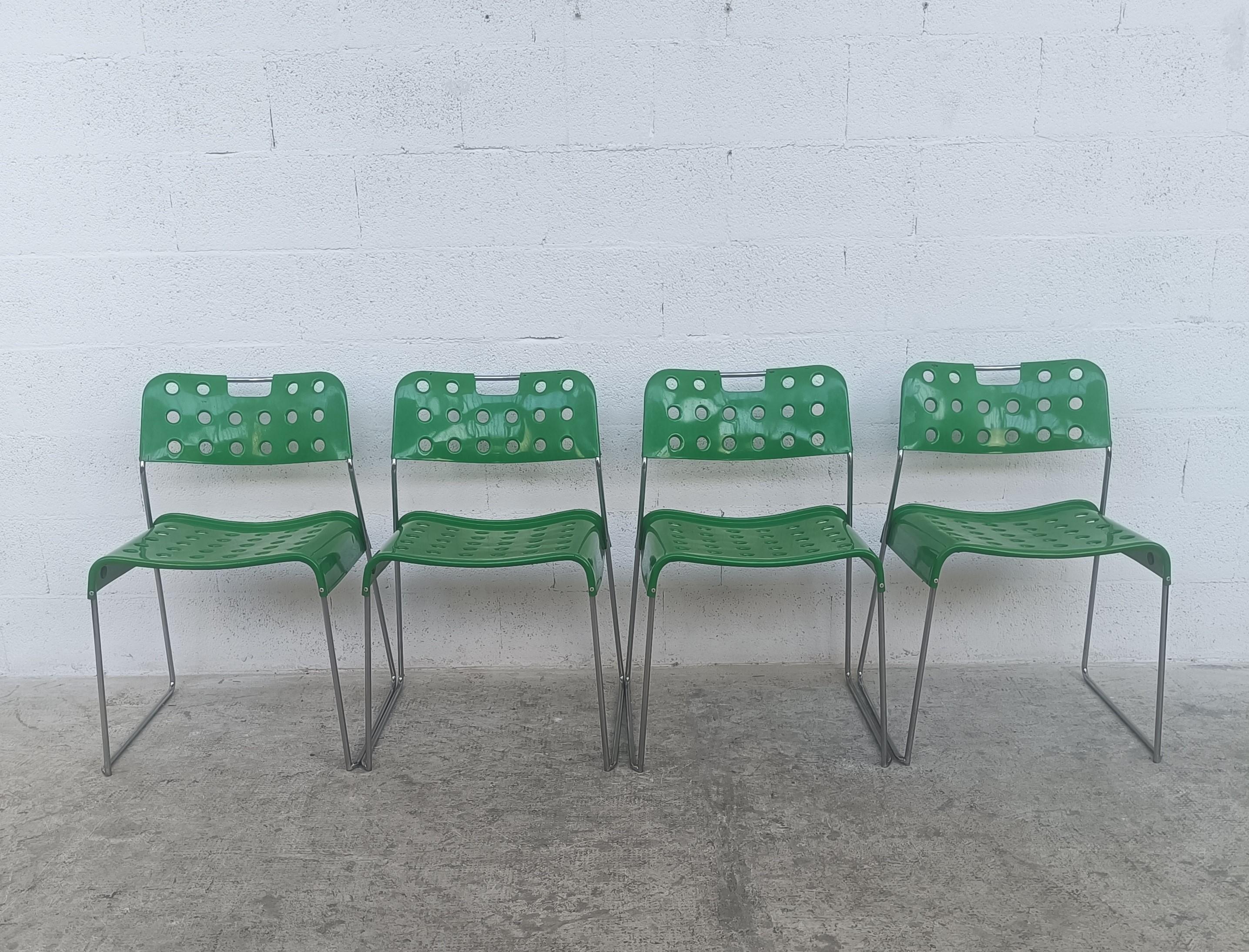 Italian 4 Green Omkstak Stackable Chairs by Rodney Kinsman for Bieffeplast 70s For Sale