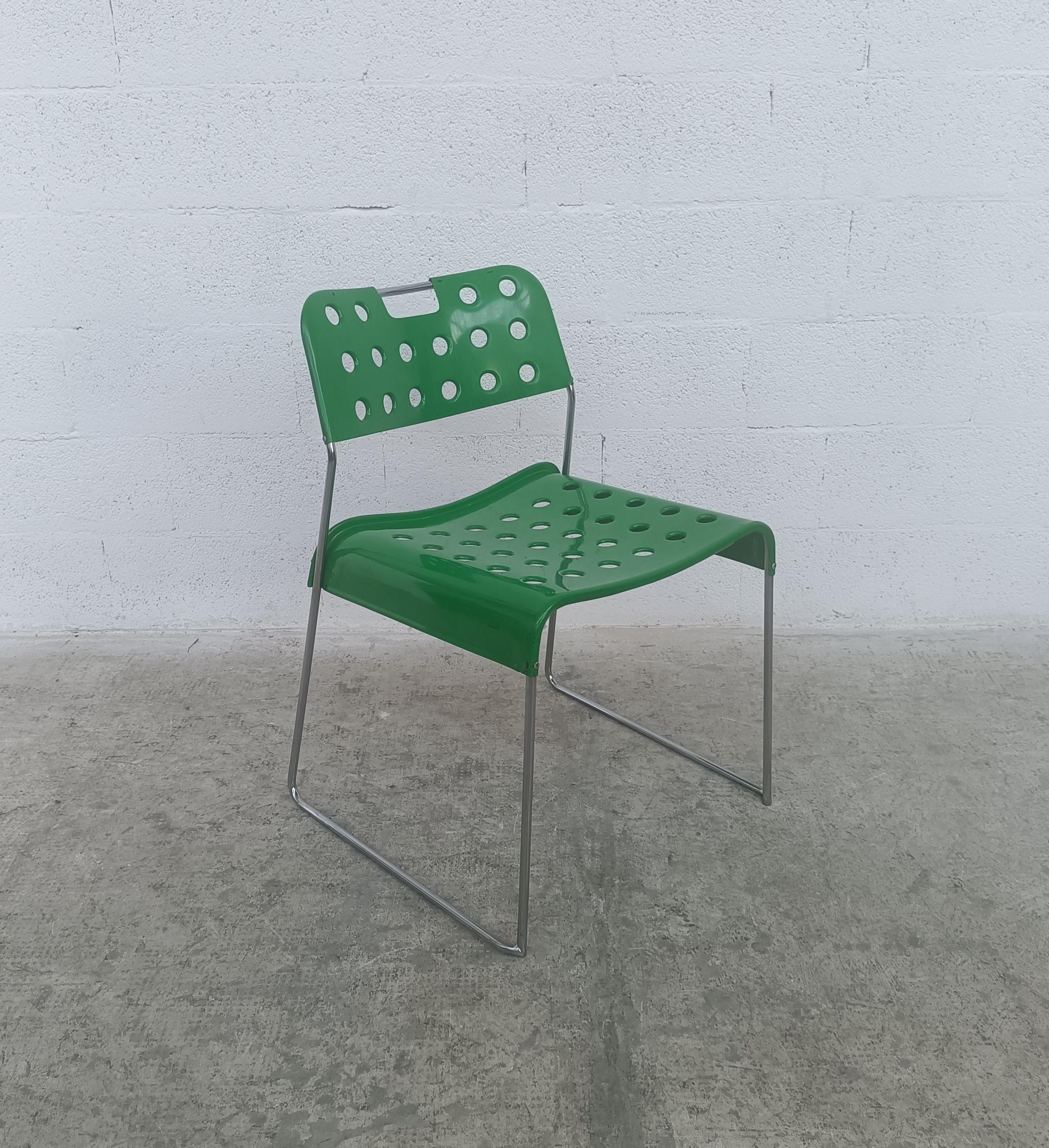 Metal 4 Green Omkstak Stackable Chairs by Rodney Kinsman for Bieffeplast 70s For Sale
