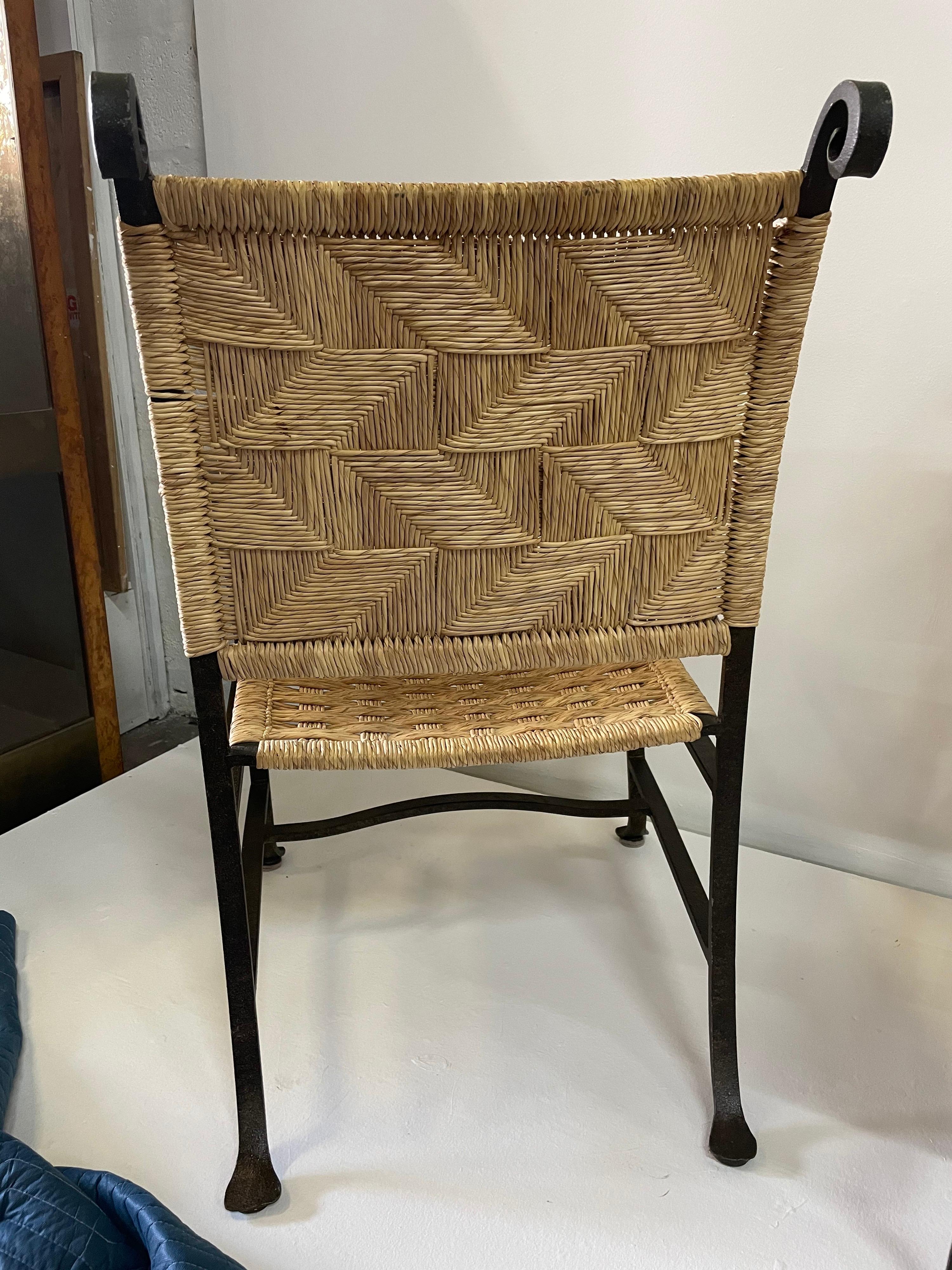 4 Hand Wrought Iron and Woven Raffia Armchairs For Sale 2