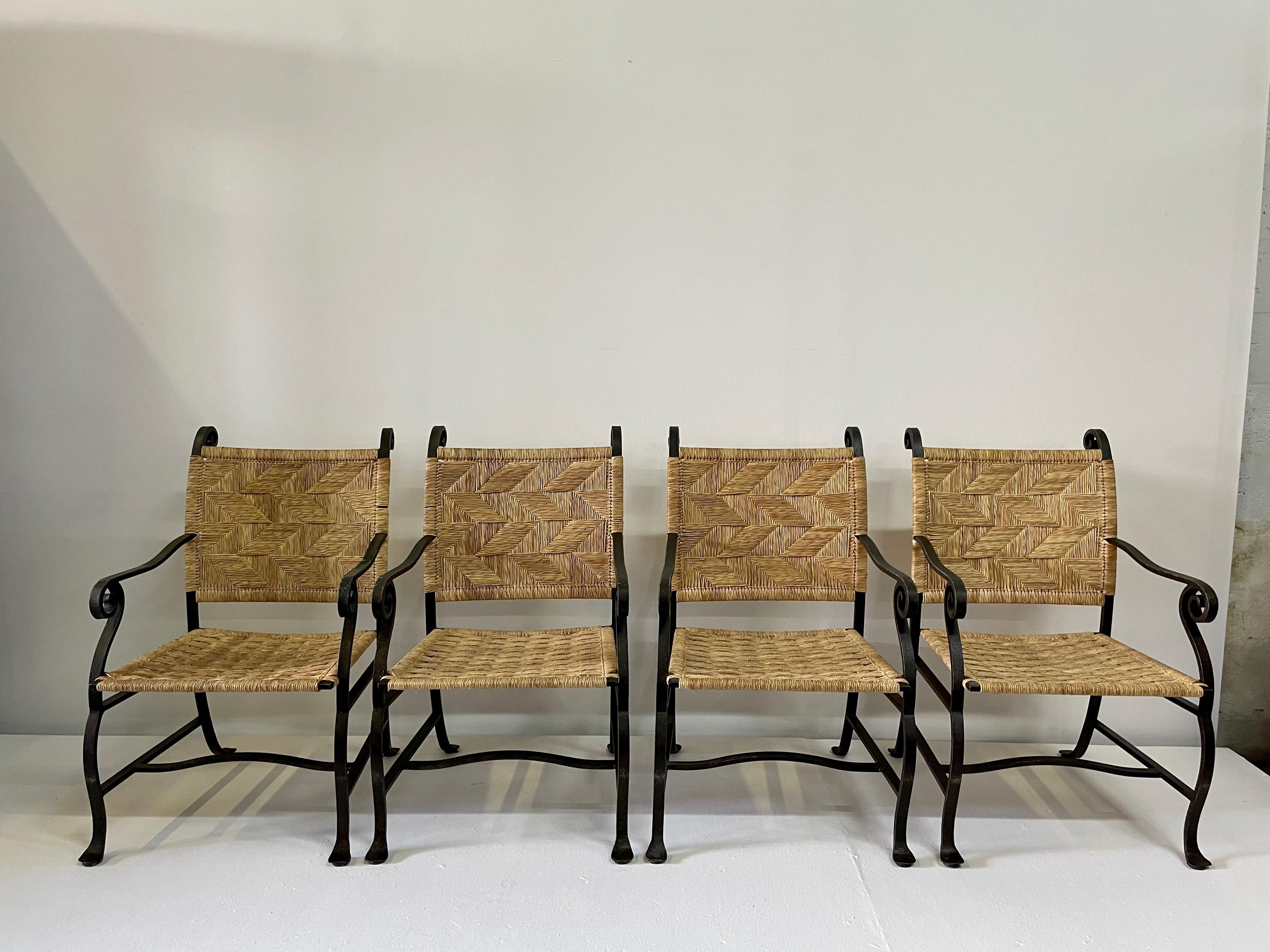 4 Hand Wrought Iron and Woven Raffia Armchairs For Sale 3