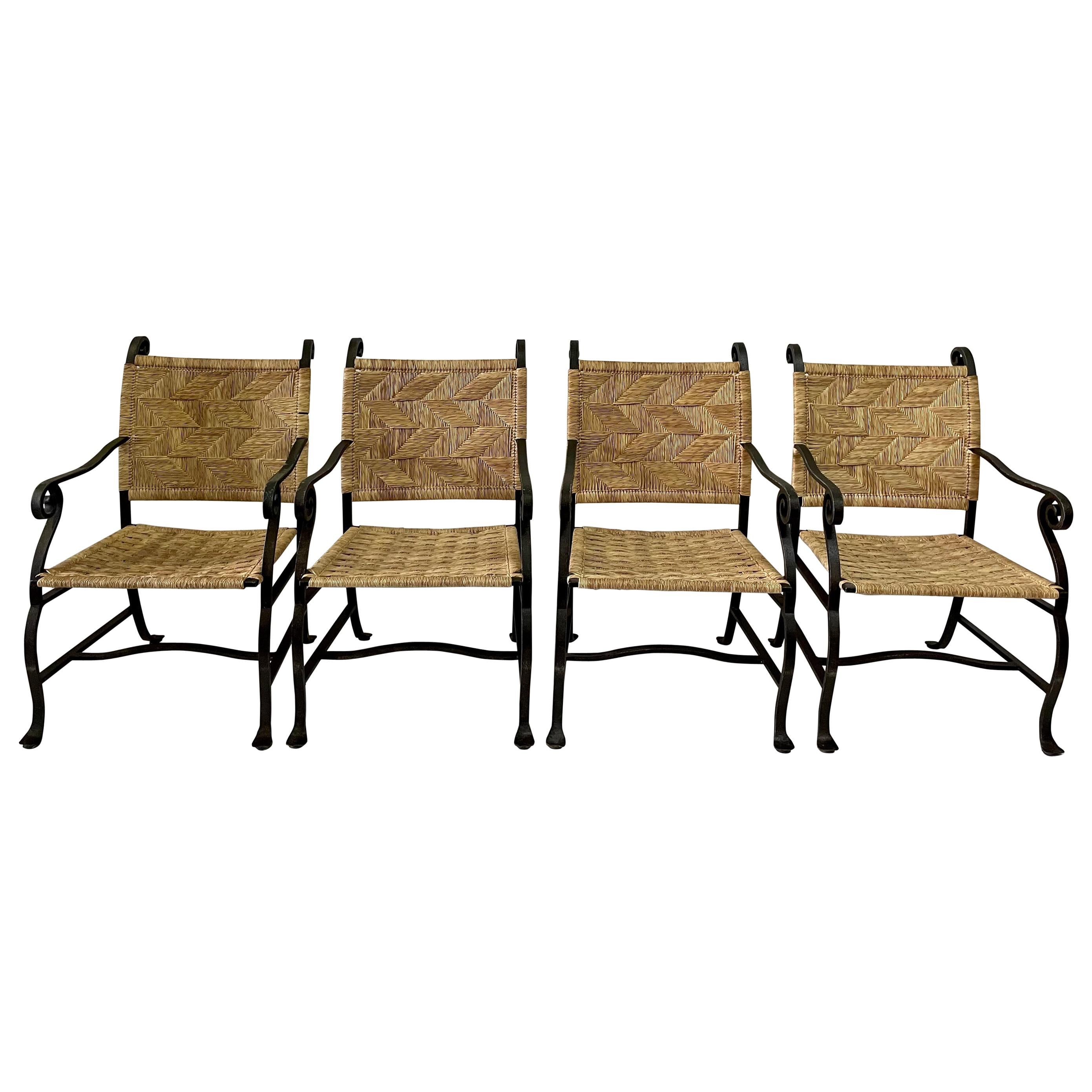 4 Hand Wrought Iron and Woven Raffia Armchairs For Sale