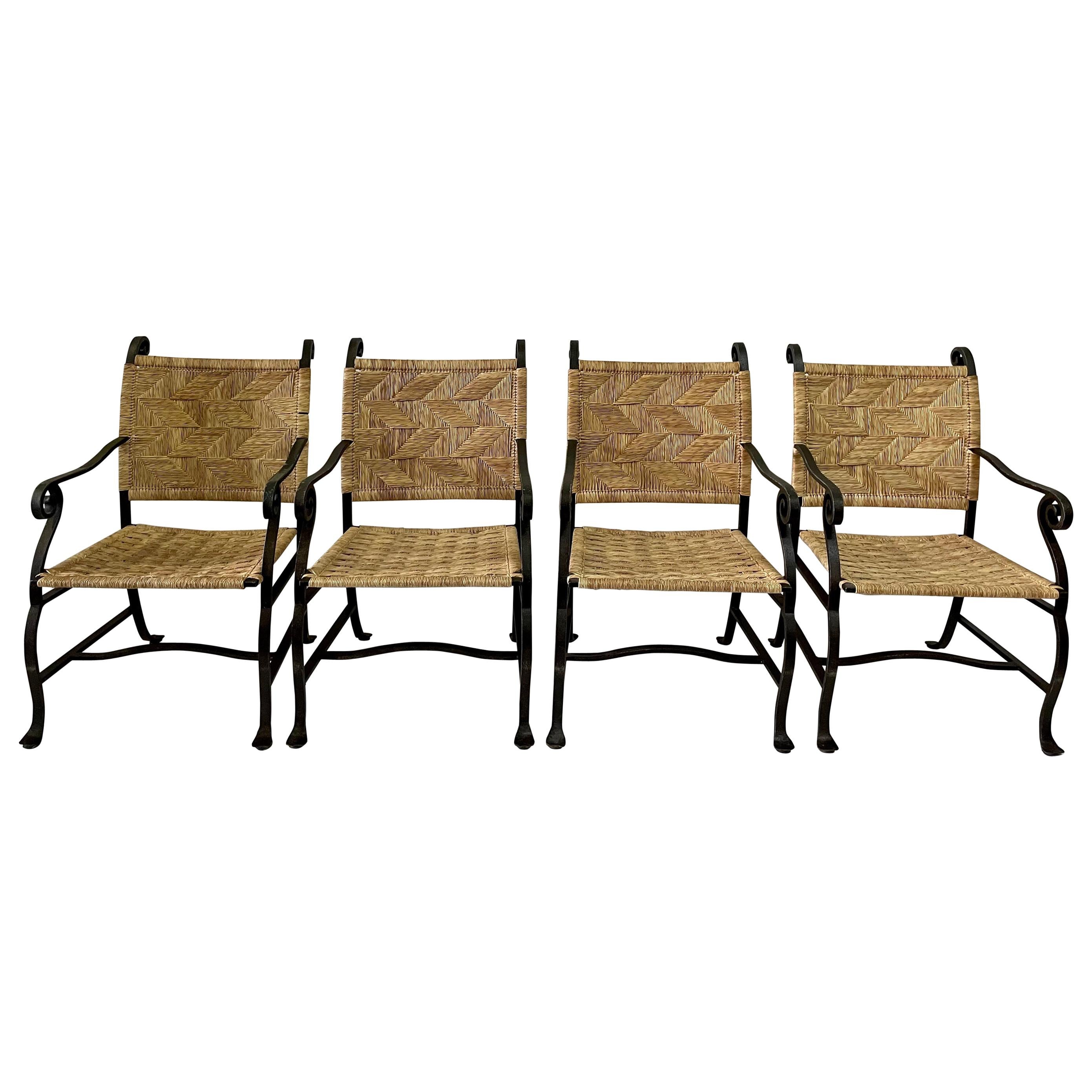 4 Heavy Hand Wrought Iron and Woven Raffia Armchairs