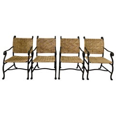 4 Heavy Hand Wrought Iron and Woven Raffia Armchairs
