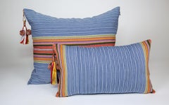 4 Handwoven Fine Cotton Pillow Blue Stripes, Multi Trim and Tassel, In Stock
