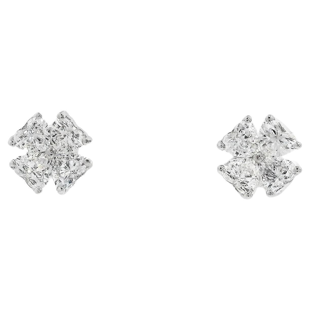 4 Heart Shaped Diamond Floral Diamond Stud Earrings in 18K White Gold