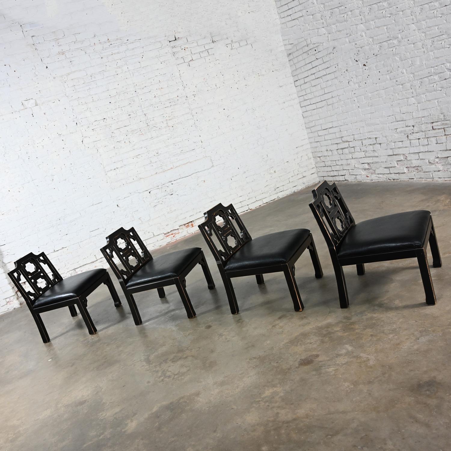 4 Hollywood Regency Chinese Chippendale Style Black Accent Chairs by Thomasville For Sale 3