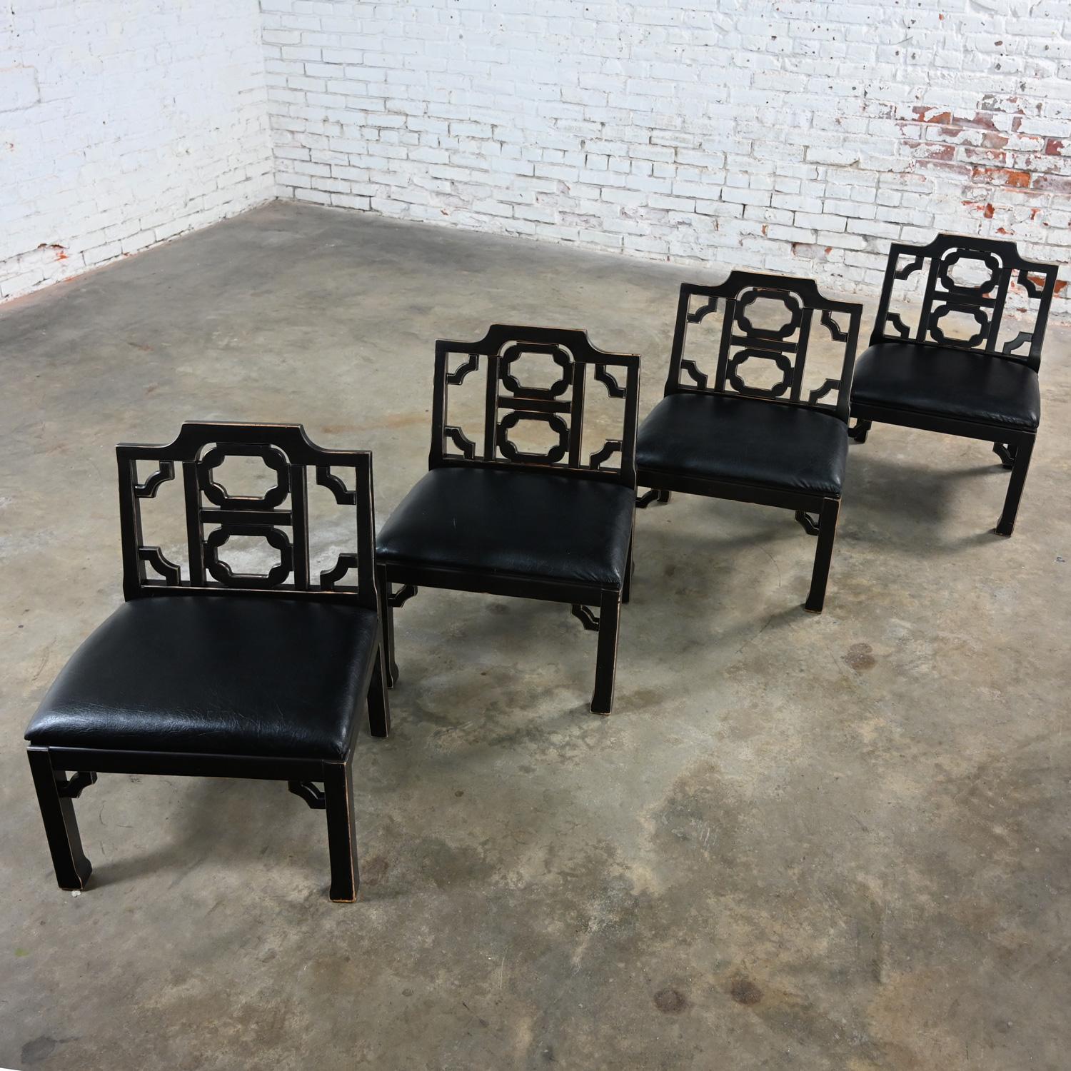 4 Hollywood Regency Chinese Chippendale Style Black Accent Chairs by Thomasville For Sale 7
