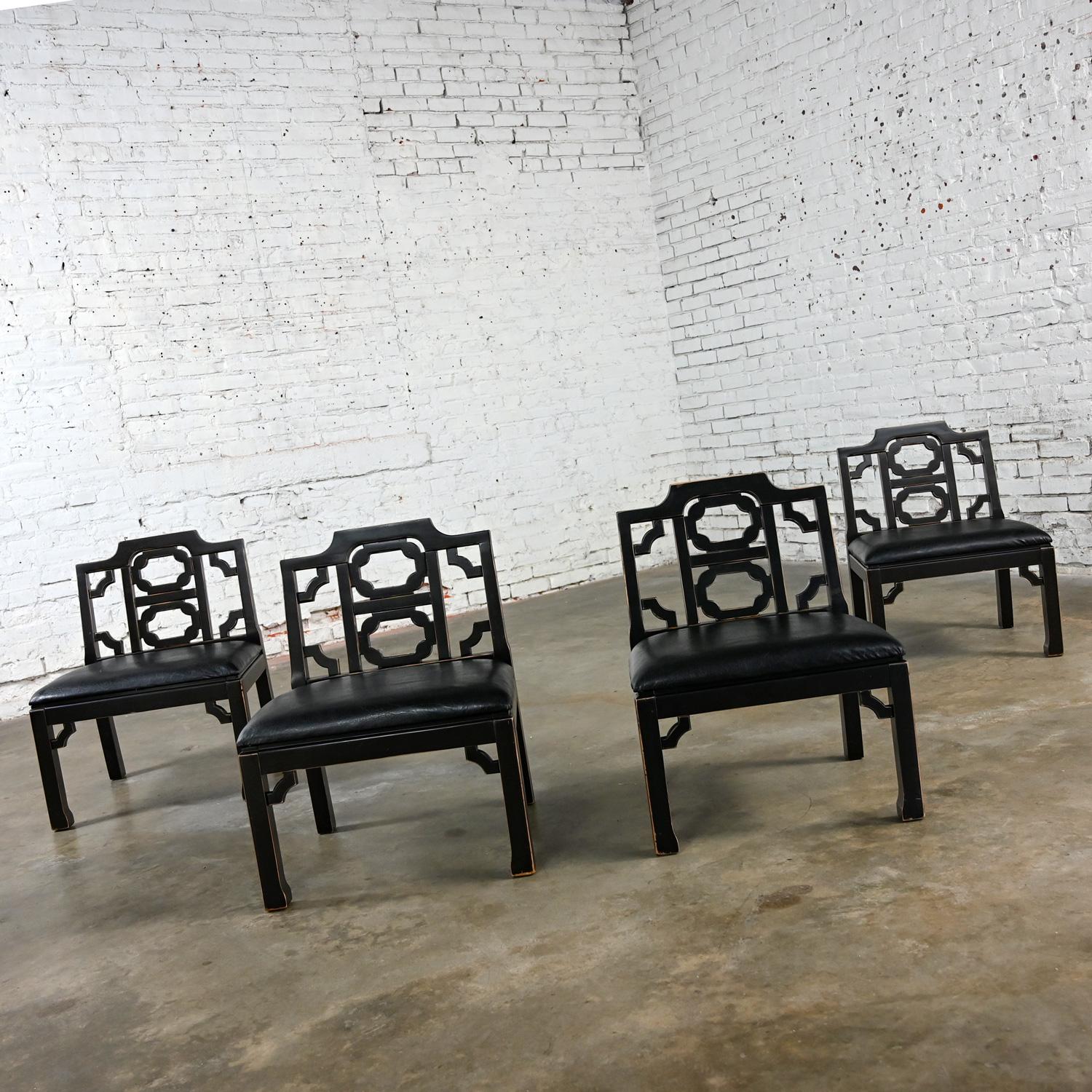 4 Hollywood Regency Chinese Chippendale Style Black Accent Chairs by Thomasville For Sale 7