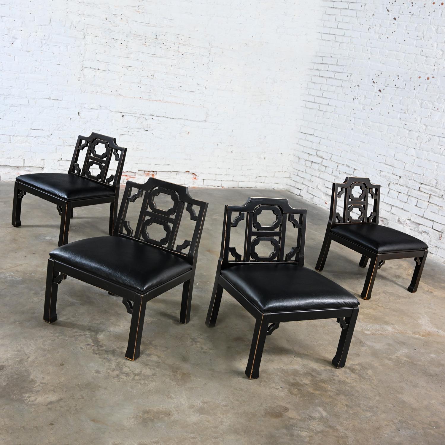 4 Hollywood Regency Chinese Chippendale Style Black Accent Chairs by Thomasville For Sale 9