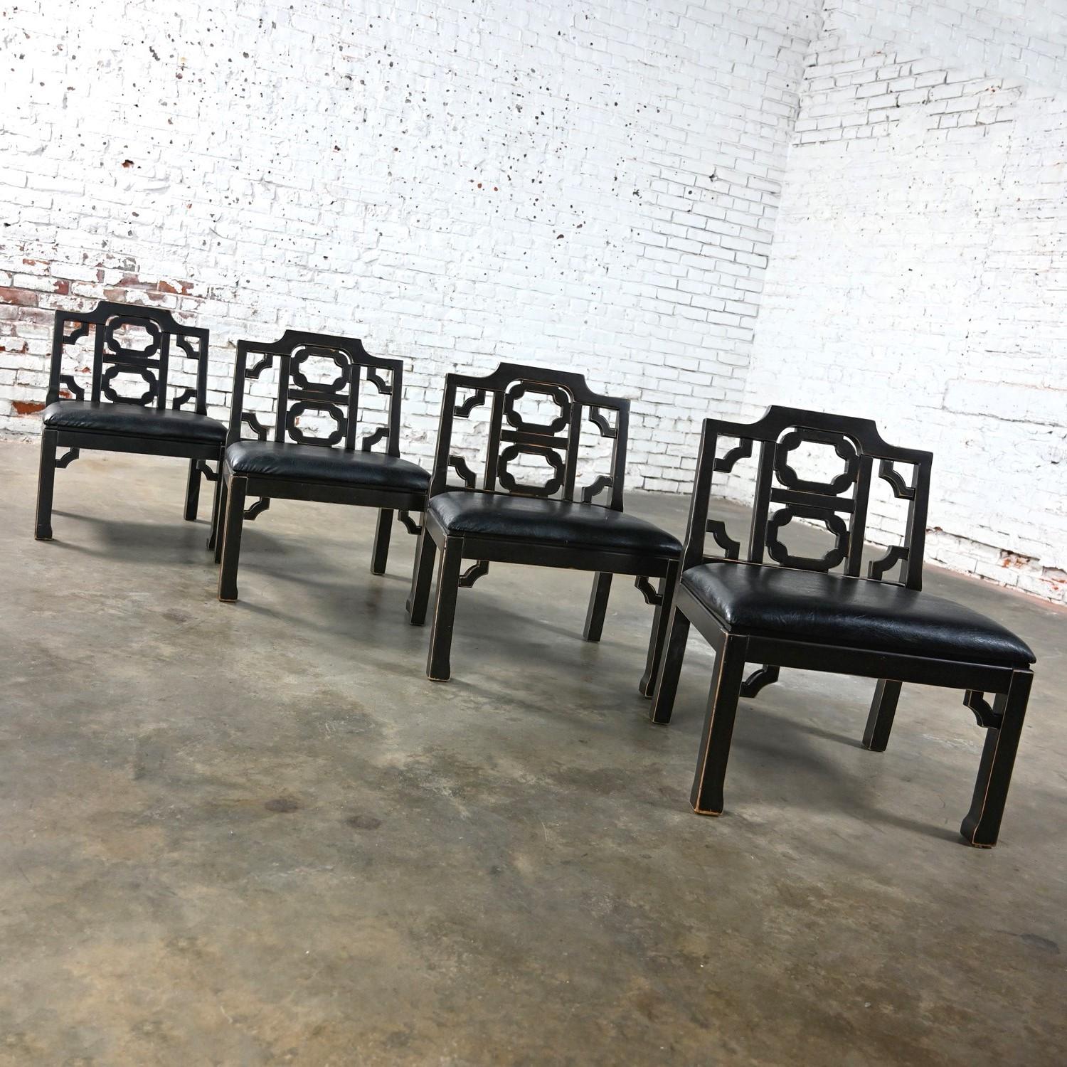 4 Hollywood Regency Chinese Chippendale Style Black Accent Chairs by Thomasville For Sale 9