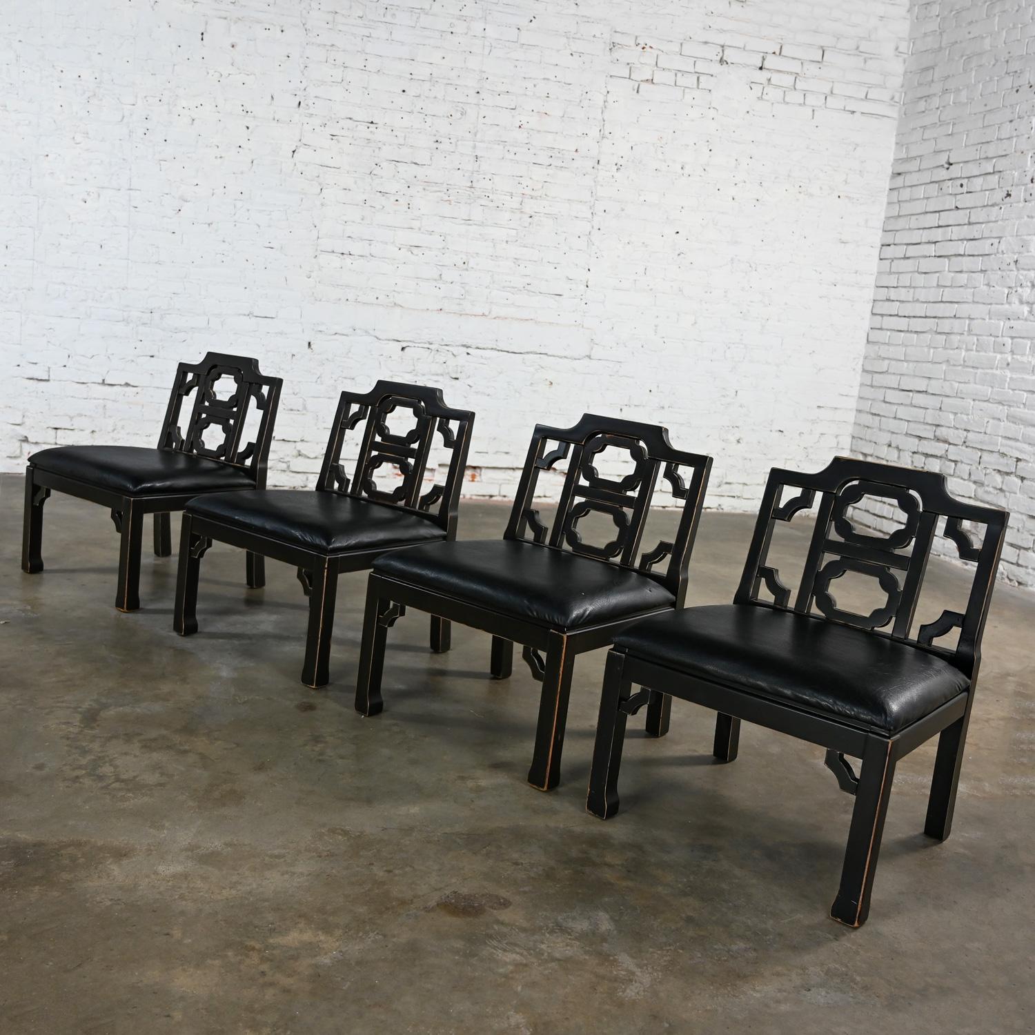 4 Hollywood Regency Chinese Chippendale Style Black Accent Chairs by Thomasville For Sale 12