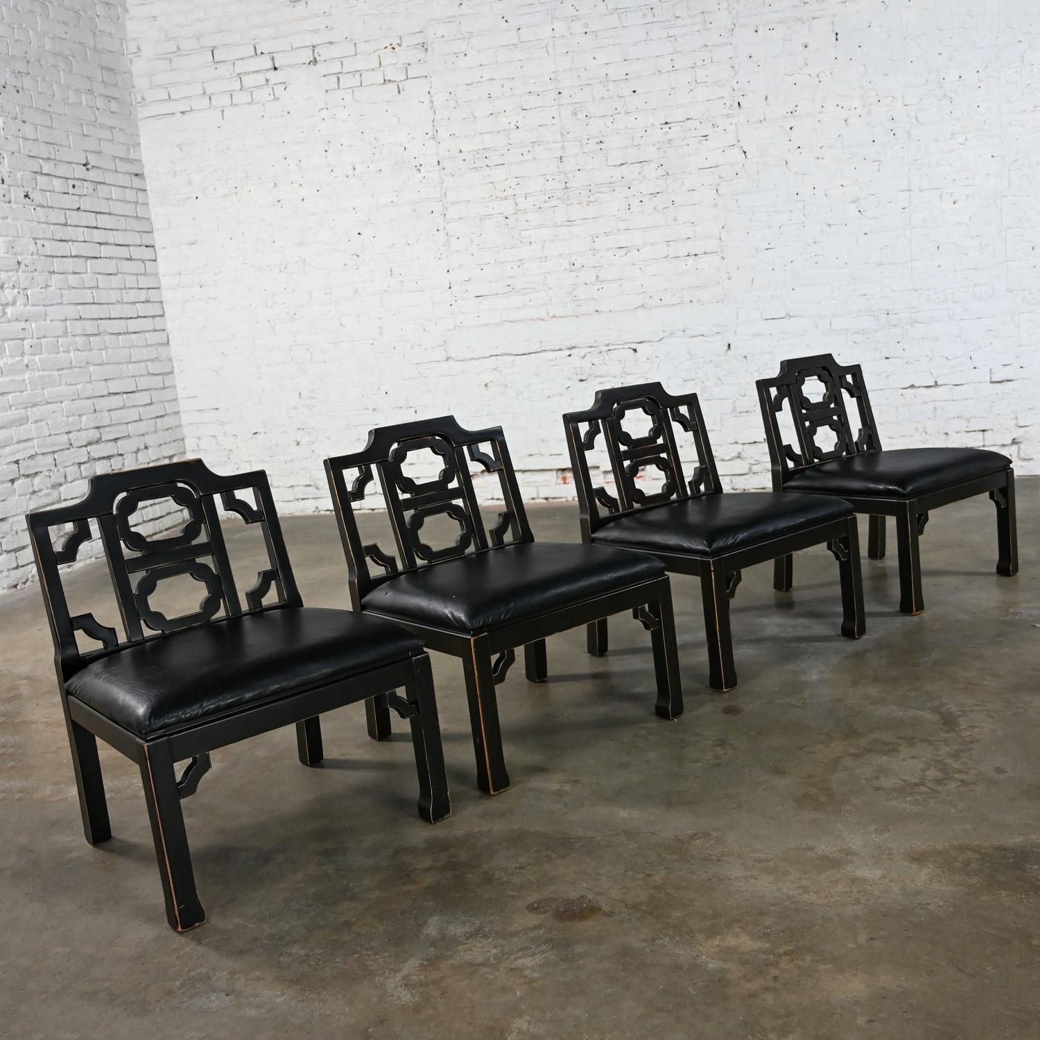 4 Hollywood Regency Chinese Chippendale Style Black Accent Chairs by Thomasville For Sale 14