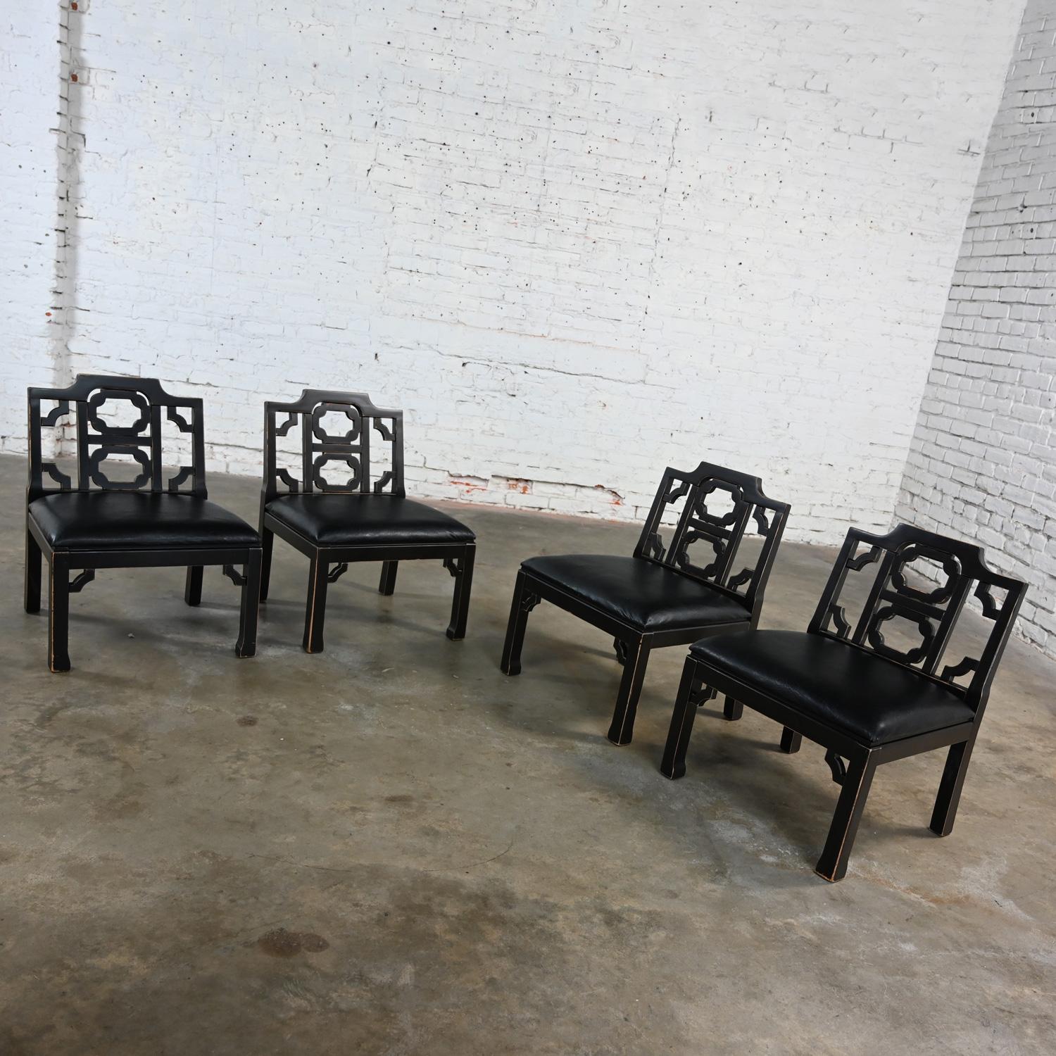 4 Hollywood Regency Chinese Chippendale Style Black Accent Chairs by Thomasville For Sale 1