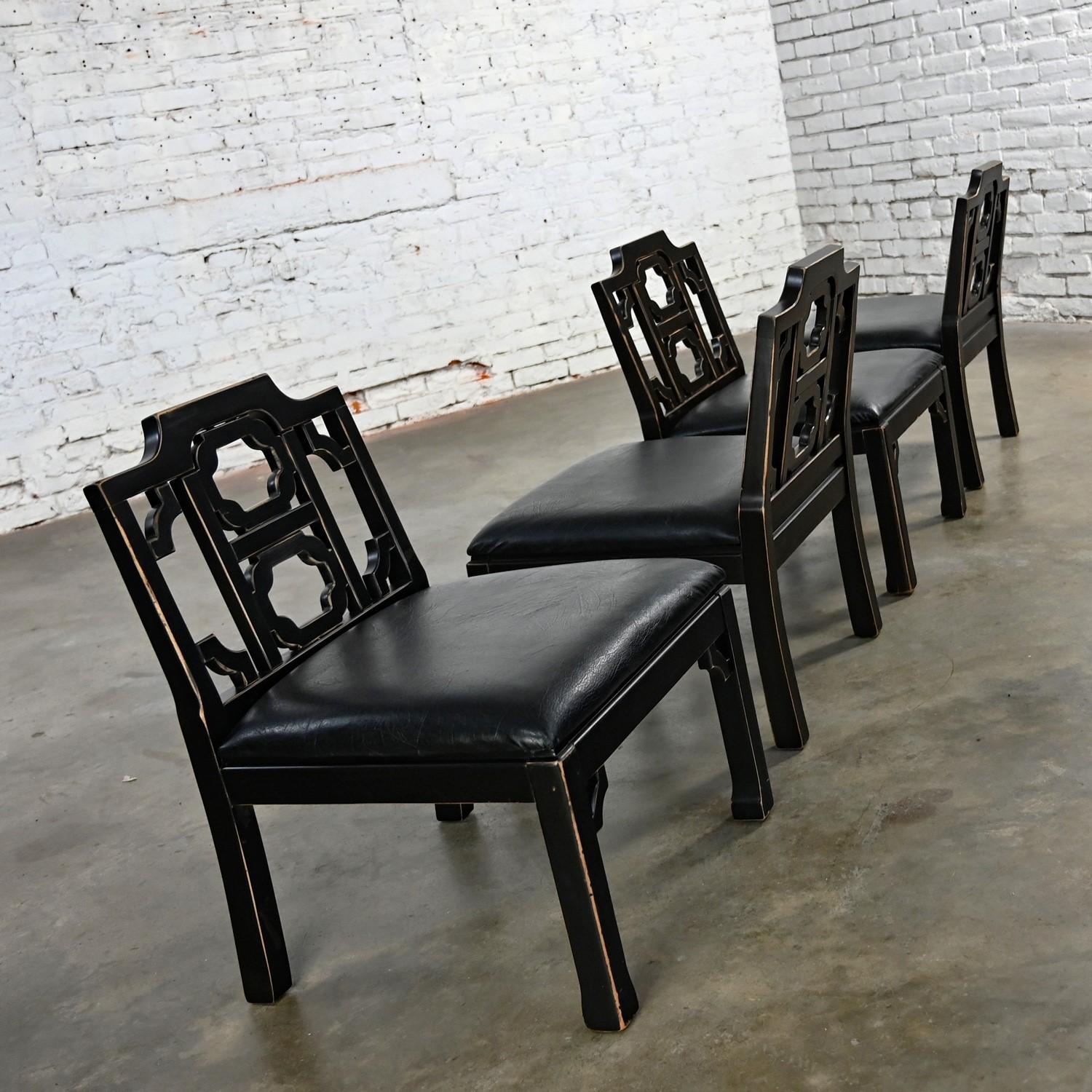 4 Hollywood Regency Chinese Chippendale Style Black Accent Chairs by Thomasville For Sale 1