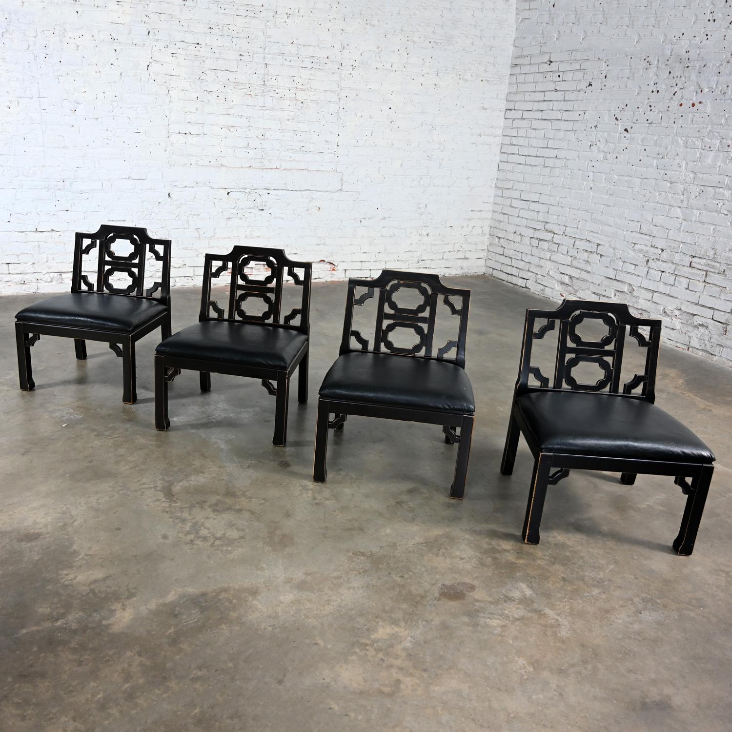 4 Hollywood Regency Chinese Chippendale Style Black Accent Chairs by Thomasville For Sale 3
