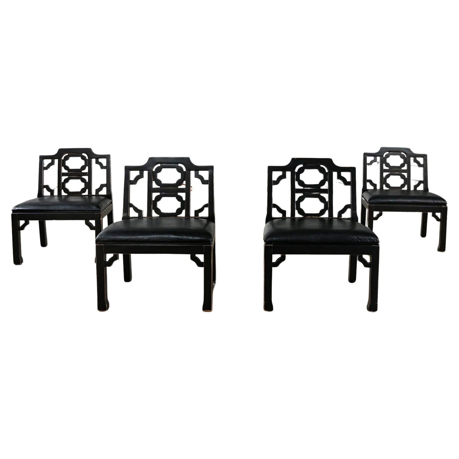 4 Hollywood Regency Chinese Chippendale Style Black Accent Chairs by Thomasville For Sale