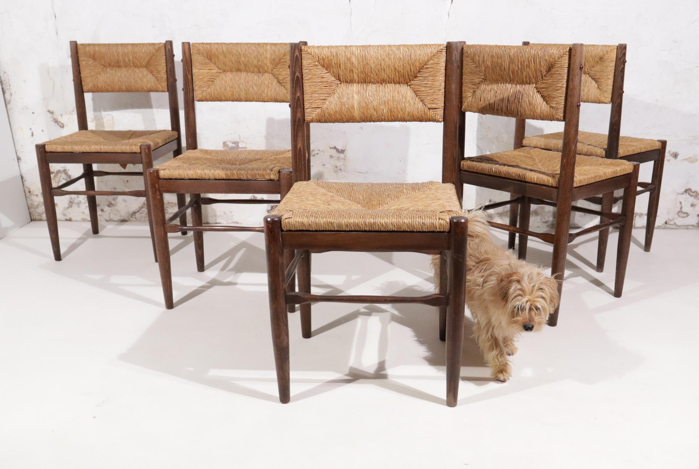 20th Century 5 Hungarian Pine Rush Dining Chairs in Style of Charlotte Perriand