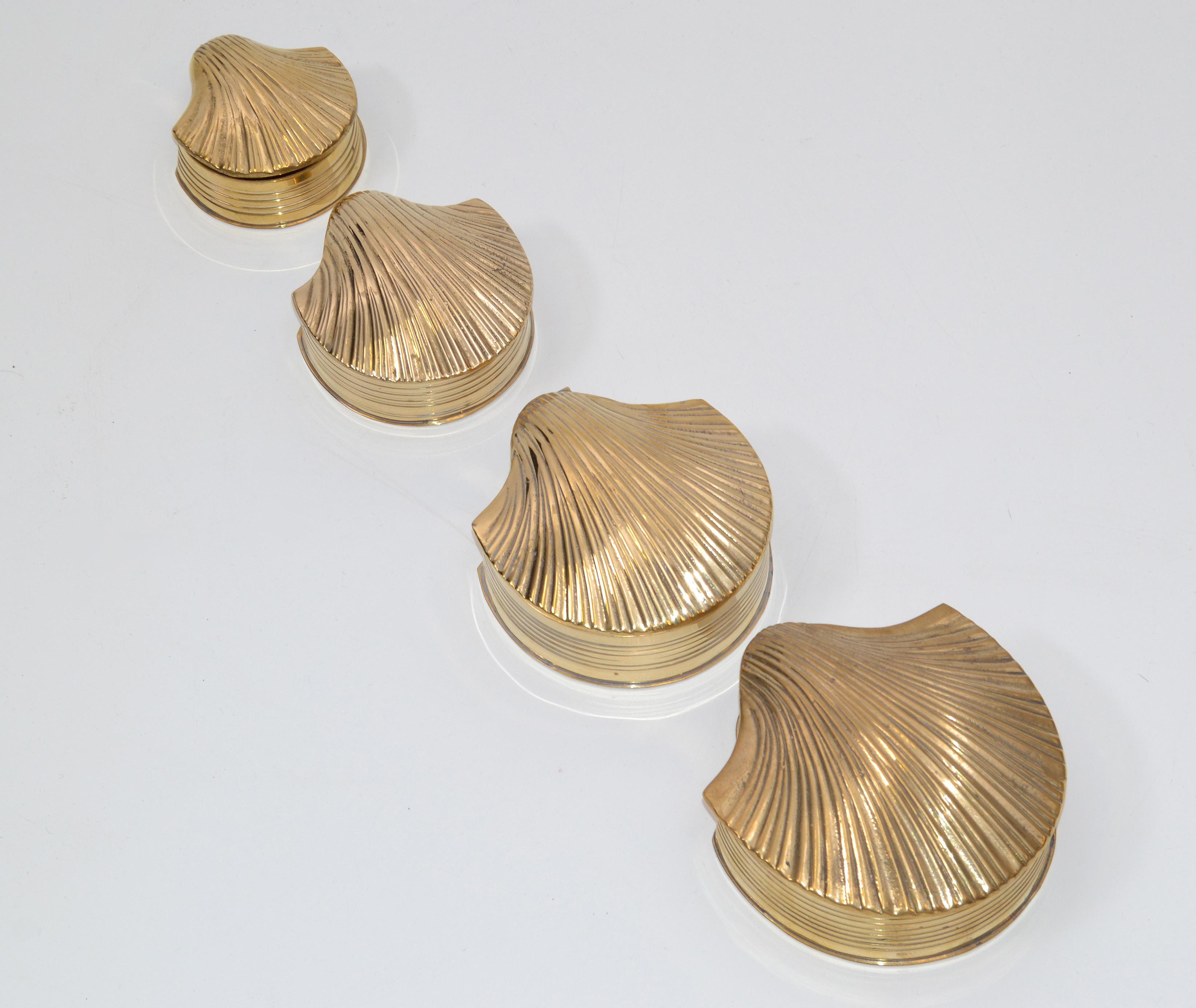4 in 1 Nesting Vintage Brass Shell Scallop Shaped Trinket Boxes, Keepsakes 1970s 4