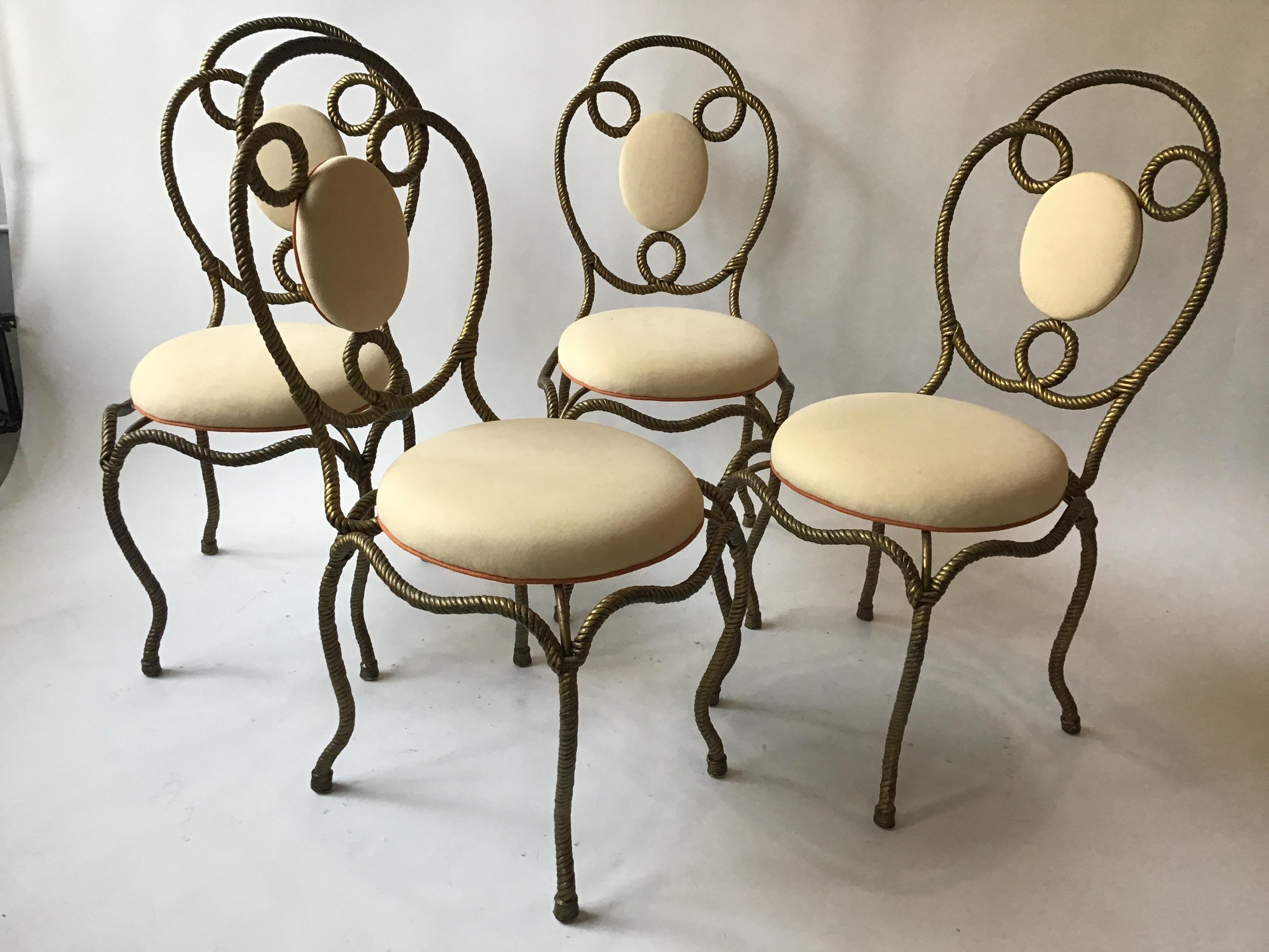 4 Italian 1970s gold iron rope chairs. Original upholstery, needs to be reupholstered.