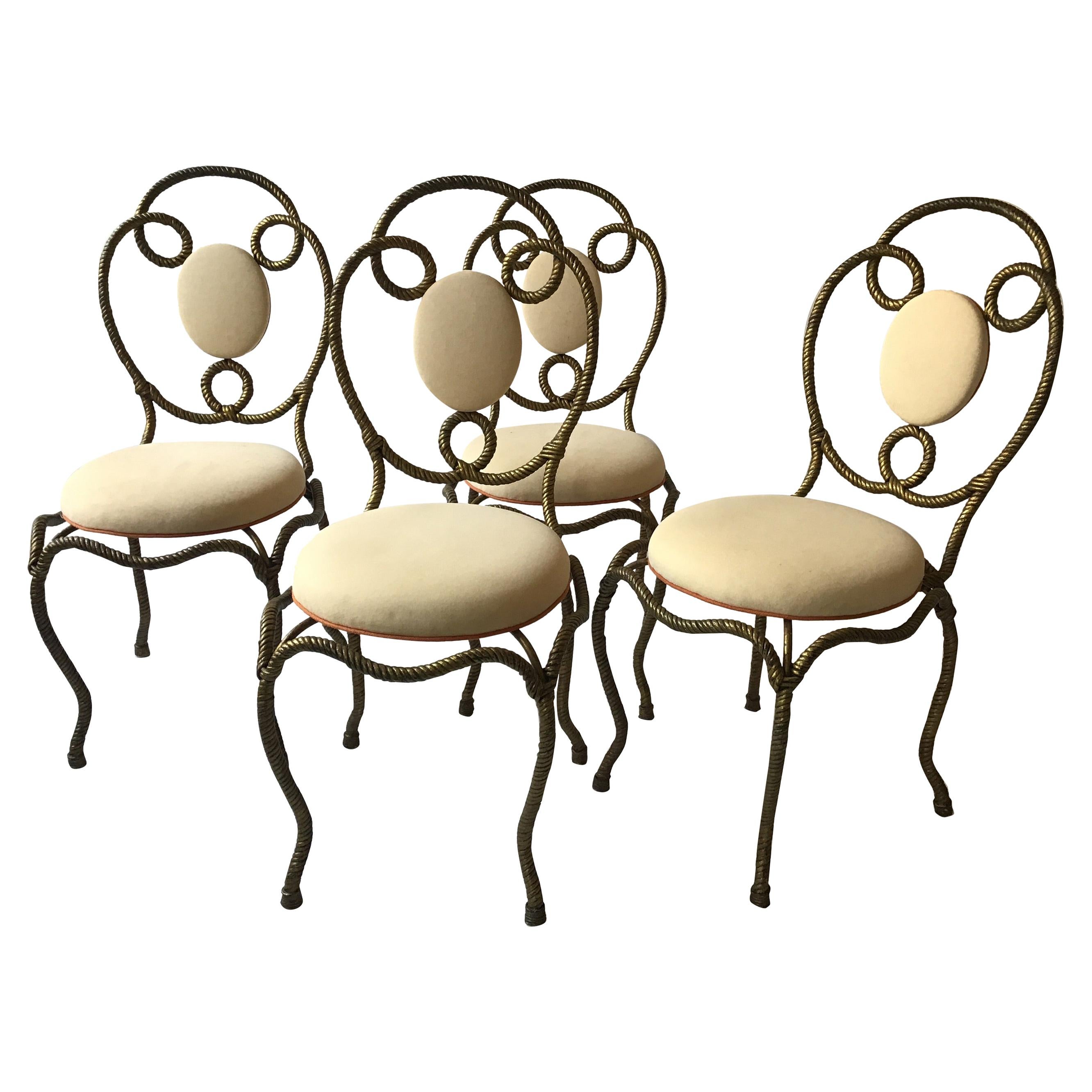 4 Chaises en corde en fer doré italiennes des années 1970