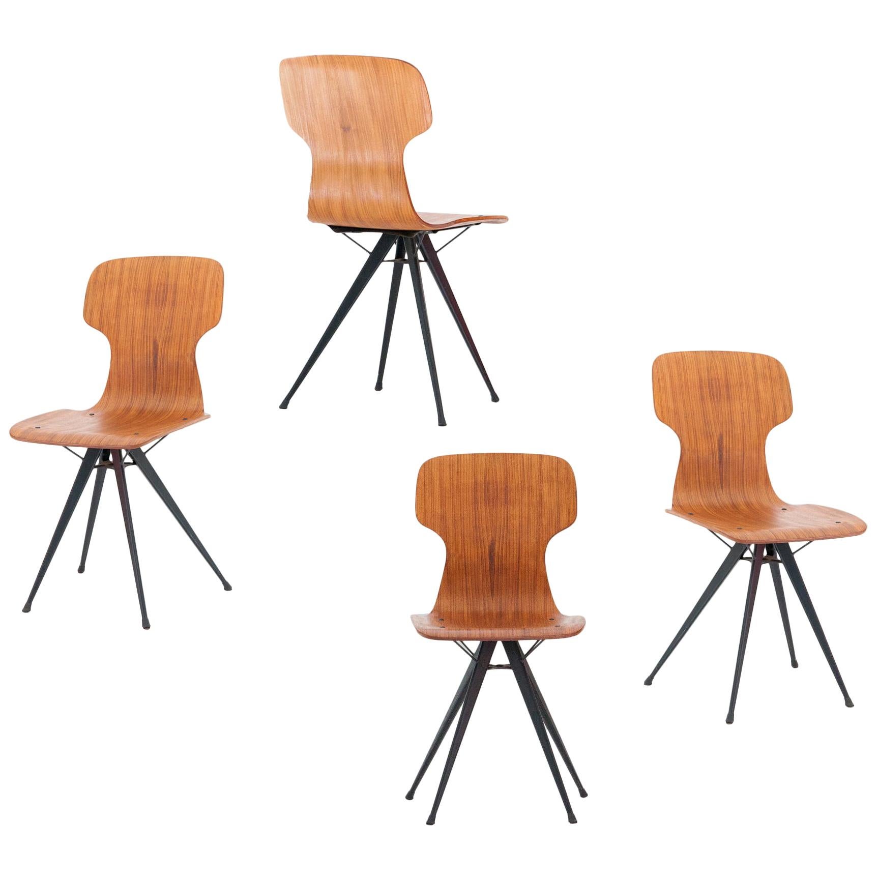 4 Italian Iron and Curved Teak Chairs, 1950s