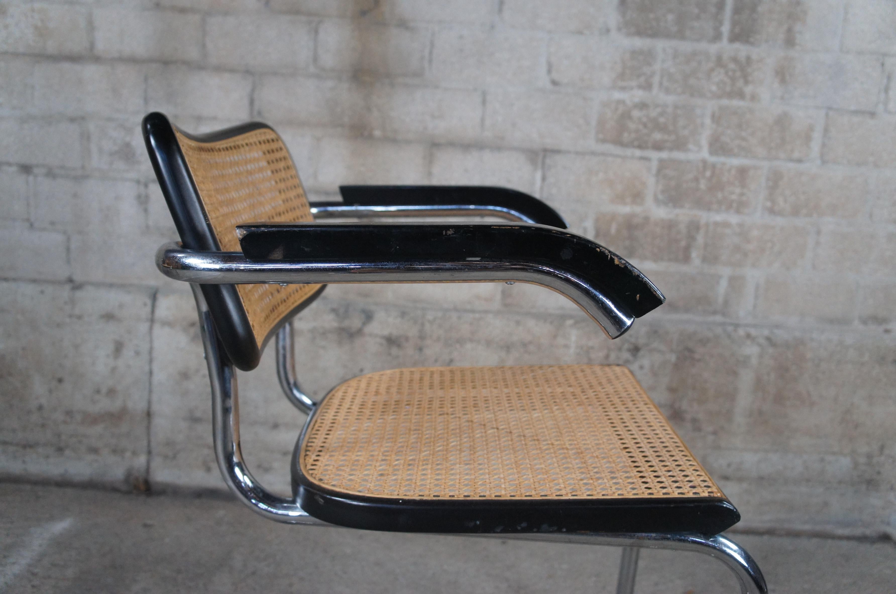 4 Italian Marcel Breuer Knoll Cesca Tubular Chrome Caned Dining Arm Chairs  4