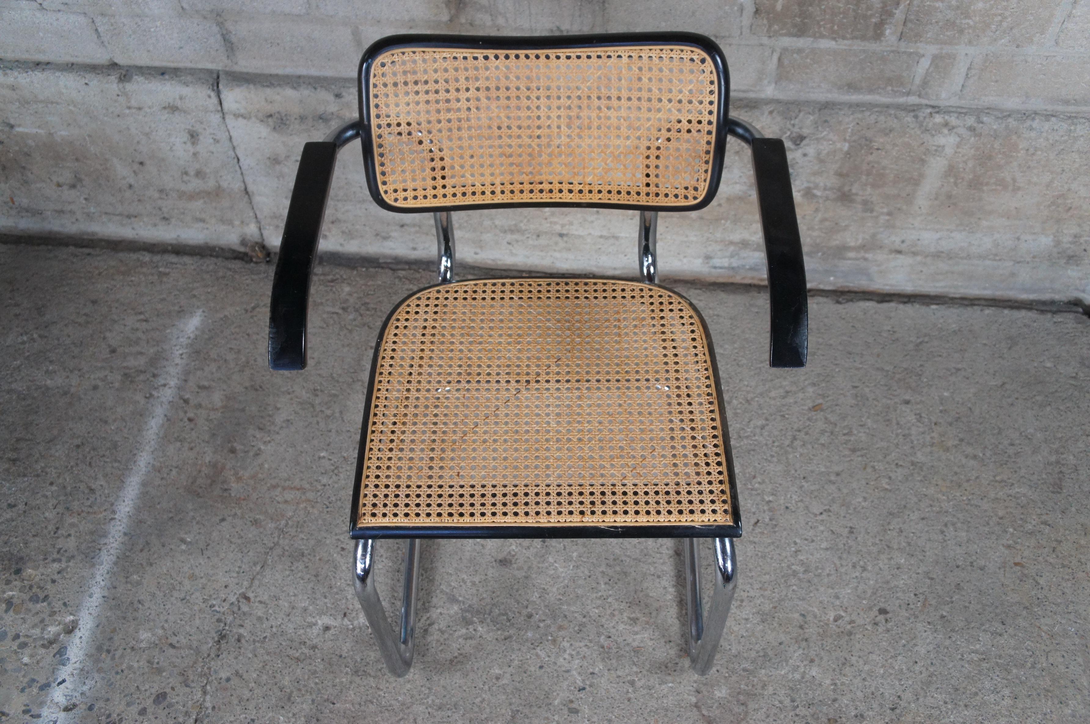 Ebonized 4 Italian Marcel Breuer Knoll Cesca Tubular Chrome Caned Dining Arm Chairs  For Sale