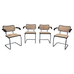4 Italian Marcel Breuer Knoll Cesca Tubular Chrome Caned Dining Arm Chairs 