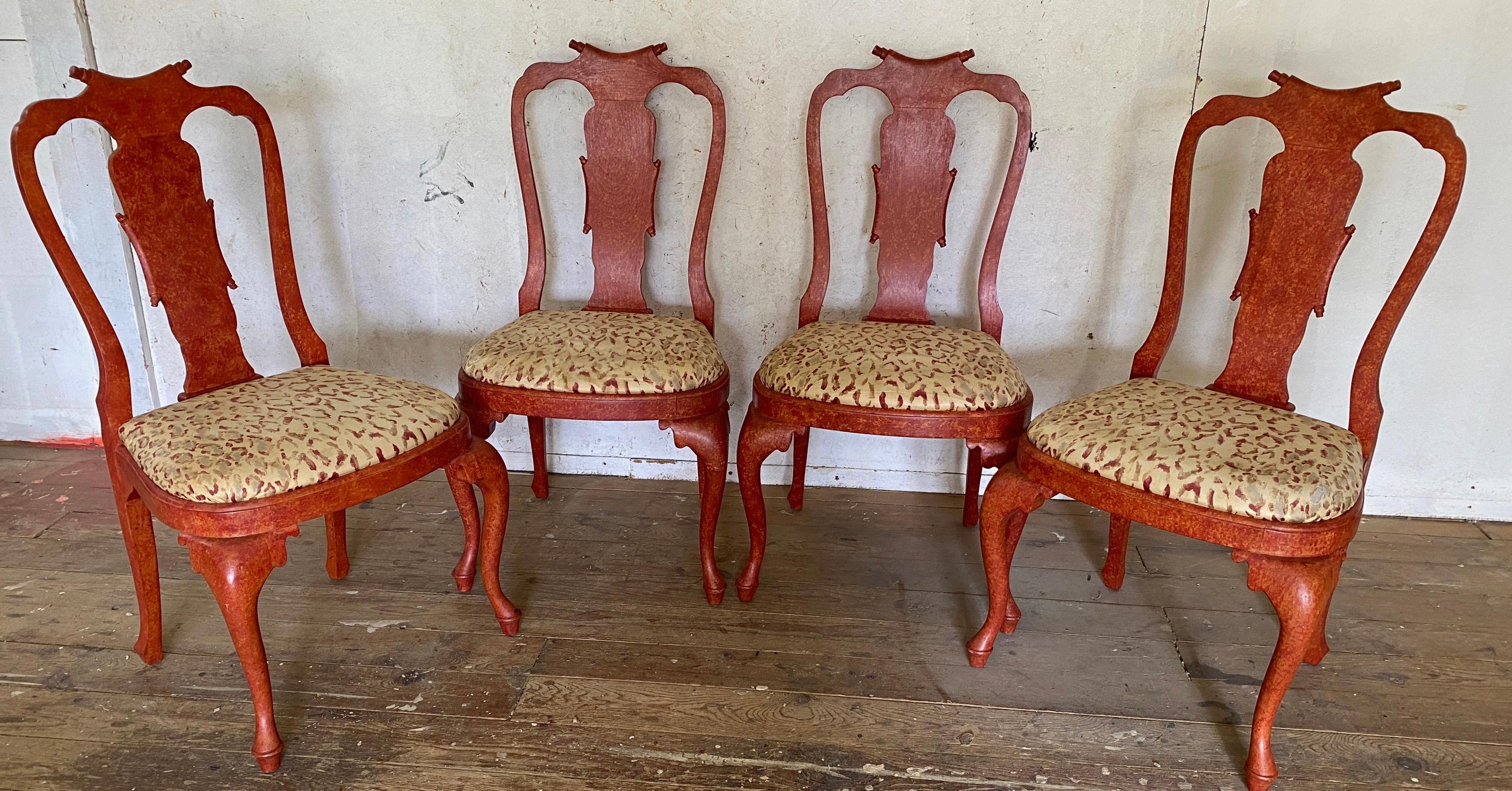 Wonderfully stylish set of 4 Italian Rococo style red painted side chairs upholstered in red dappled ivory chintz. One chair upholstery shows wear exposing base material.
Search terms: Queen Anne Style, Louis XV provincial style, Hollywood Regency