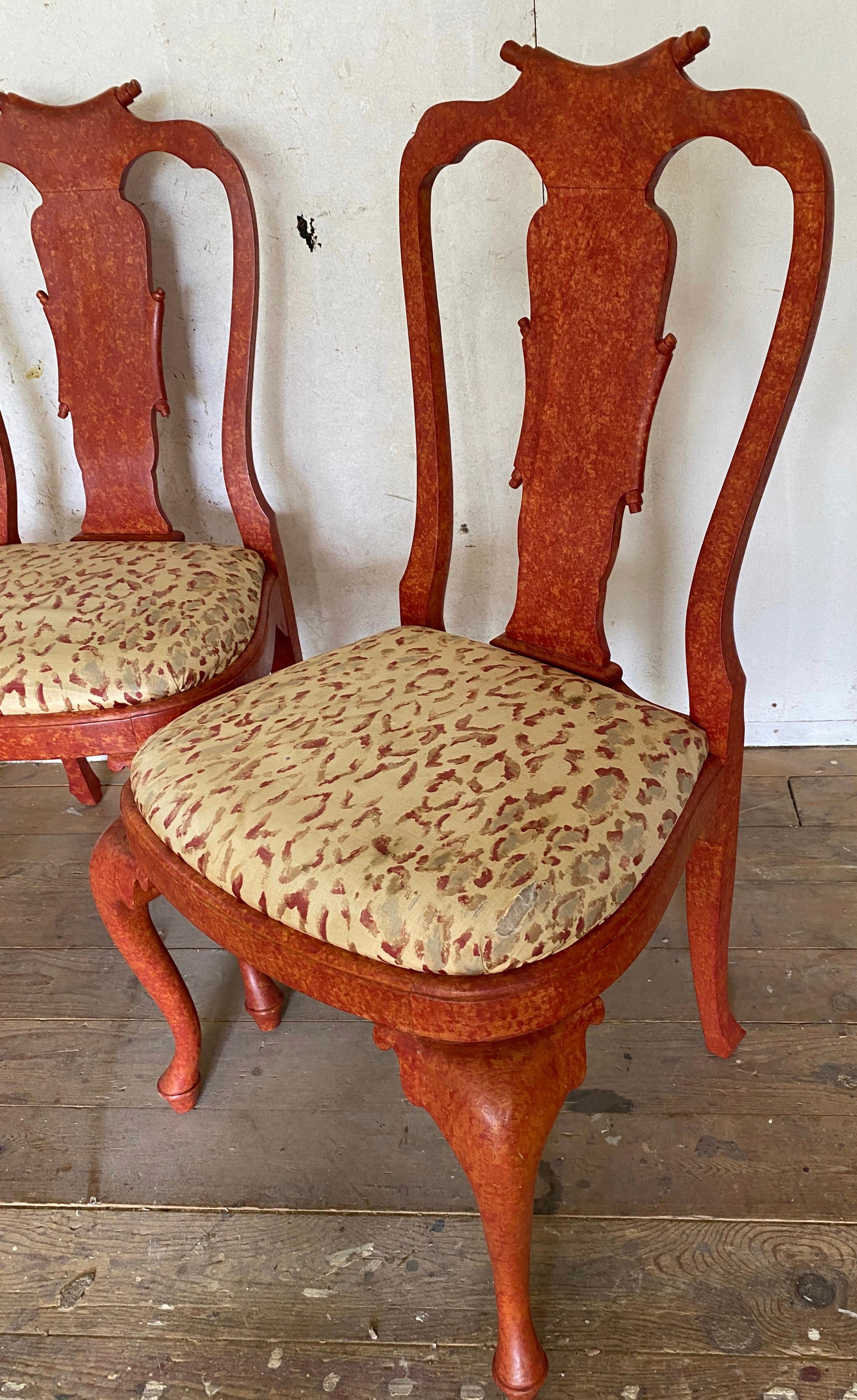 20th Century 4 Italian Rococo Style Red Painted Dining Side Chairs For Sale