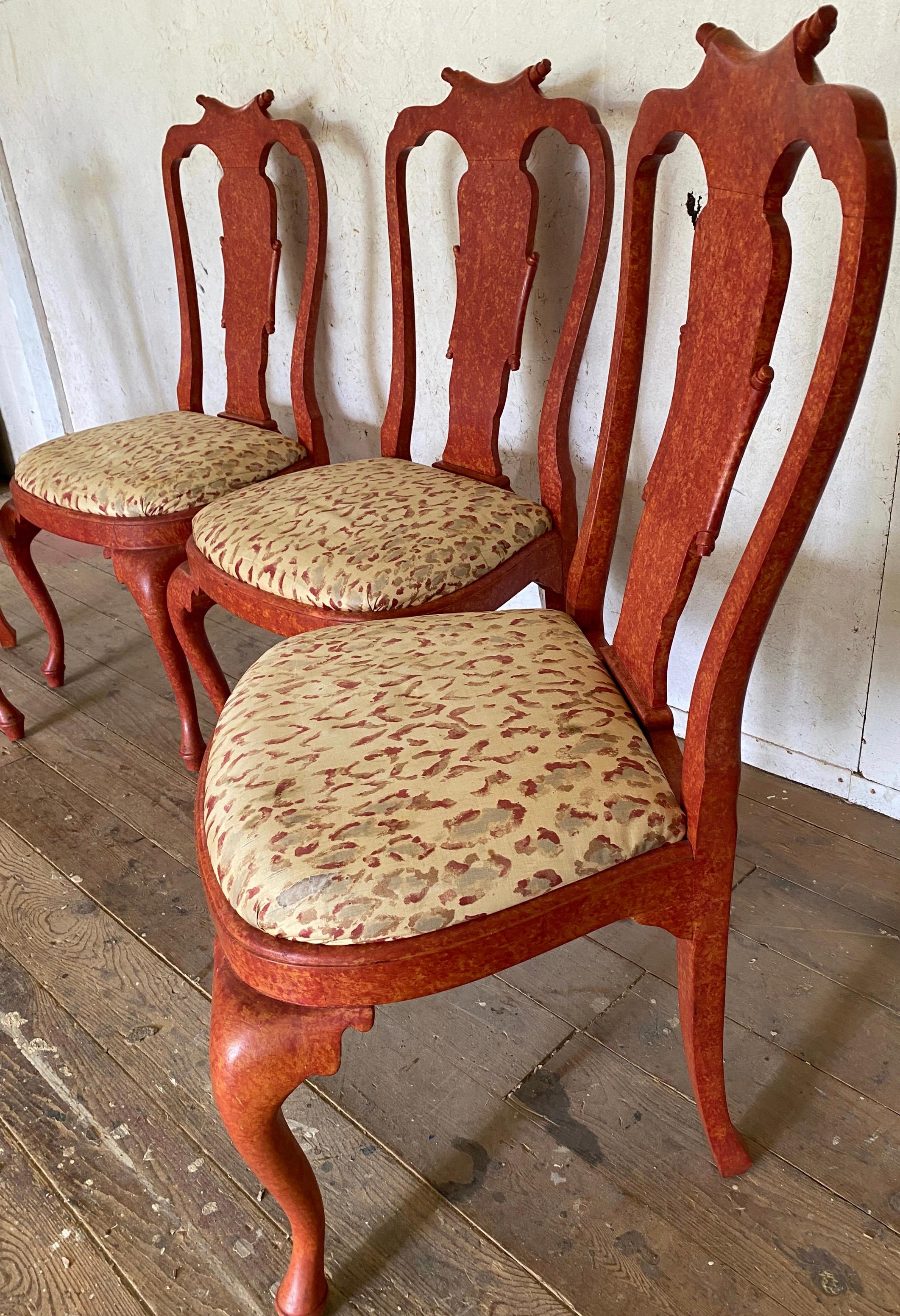 Wood 4 Italian Rococo Style Red Painted Dining Side Chairs For Sale