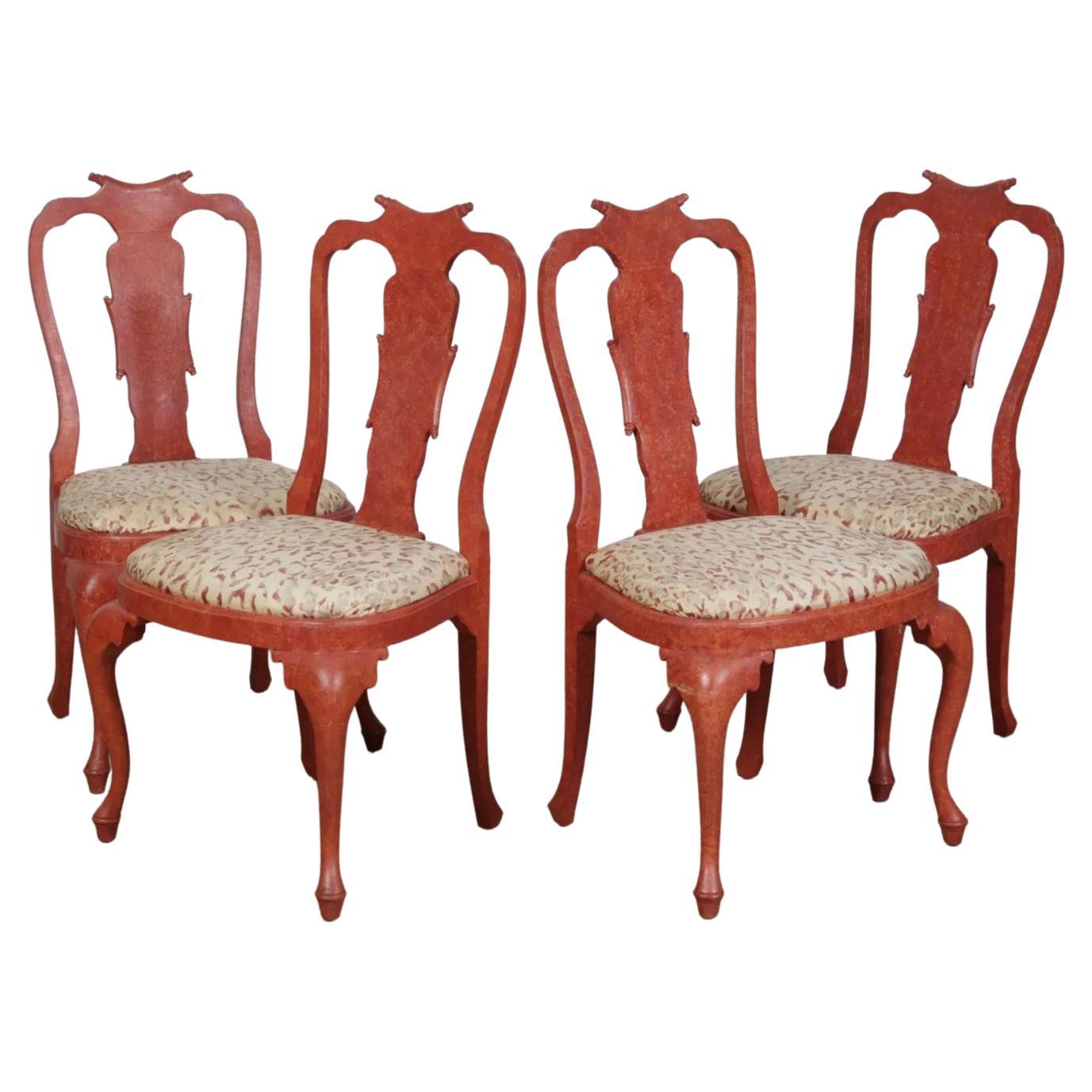 4 Italian Rococo Style Red Painted Dining Side Chairs