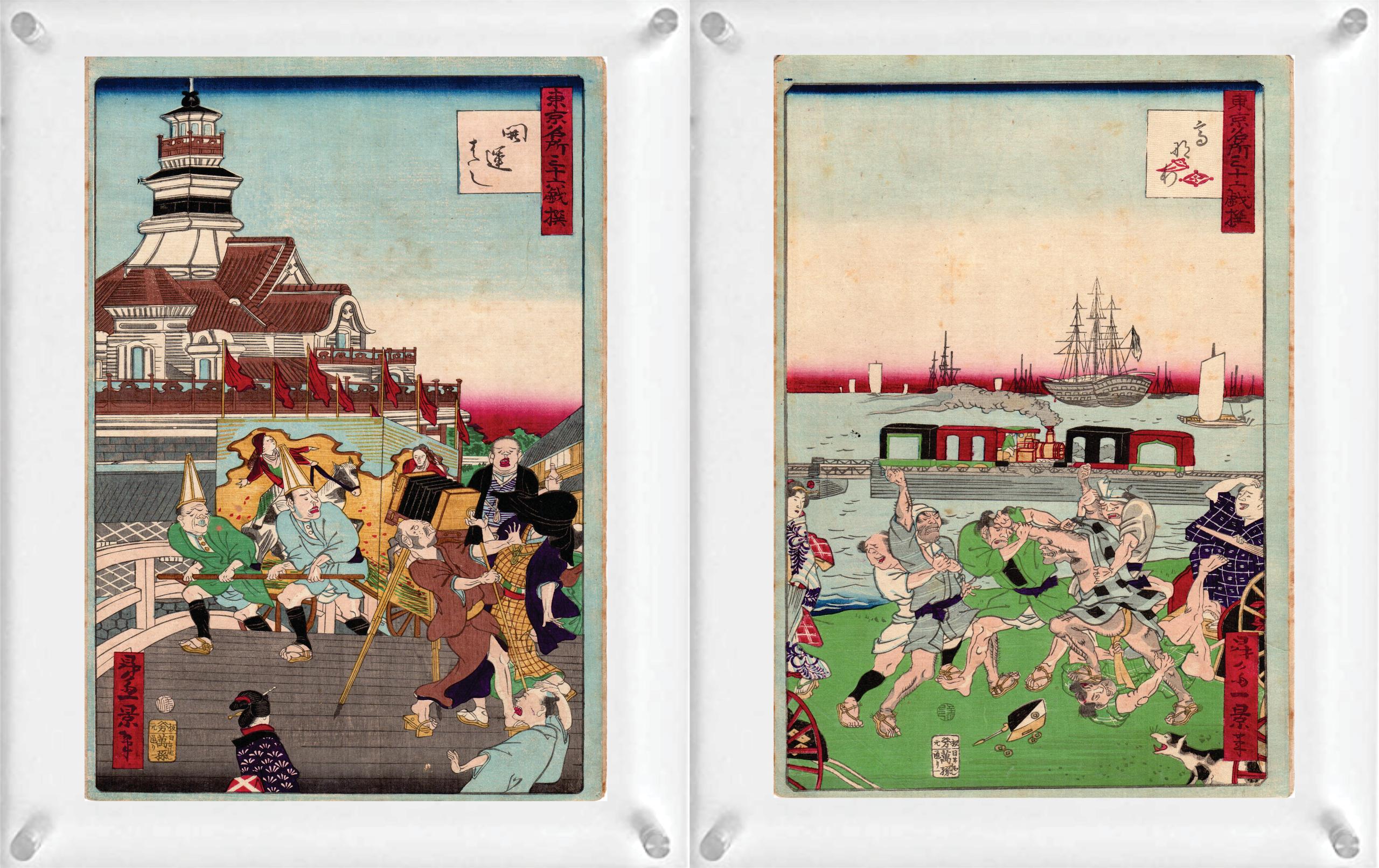 4 japanische Holzschnittdrucke (Double-Side), Toyohara Kunichika & Shosai Ikkei#2.2 (19. Jahrhundert) im Angebot