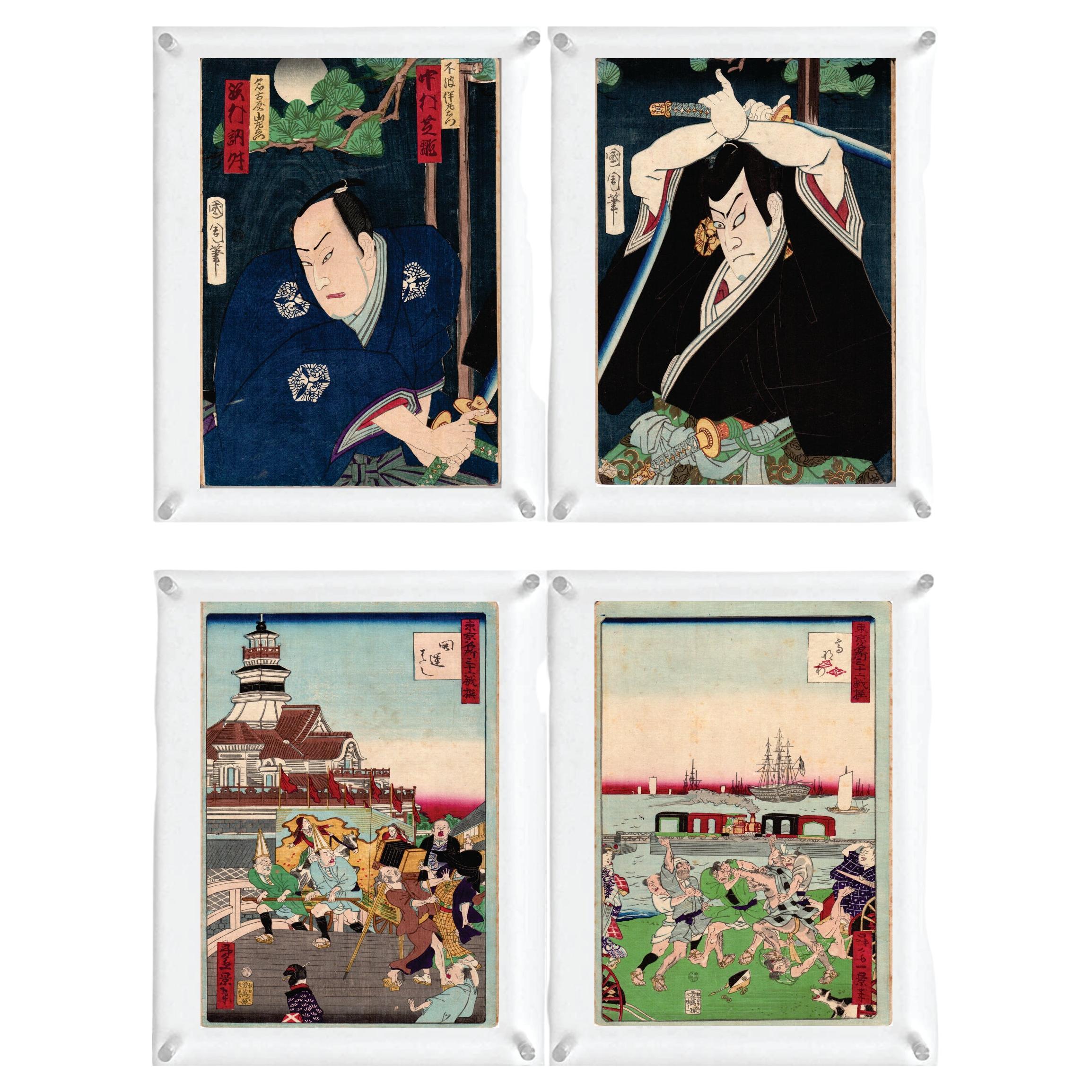 4 Japanese Woodblock Prints 'Double-Side', Toyohara Kunichika & Shosai Ikkei#2.2 For Sale