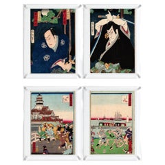Antique 4 Japanese Woodblock Prints 'Double-Side', Toyohara Kunichika & Shosai Ikkei#2.2