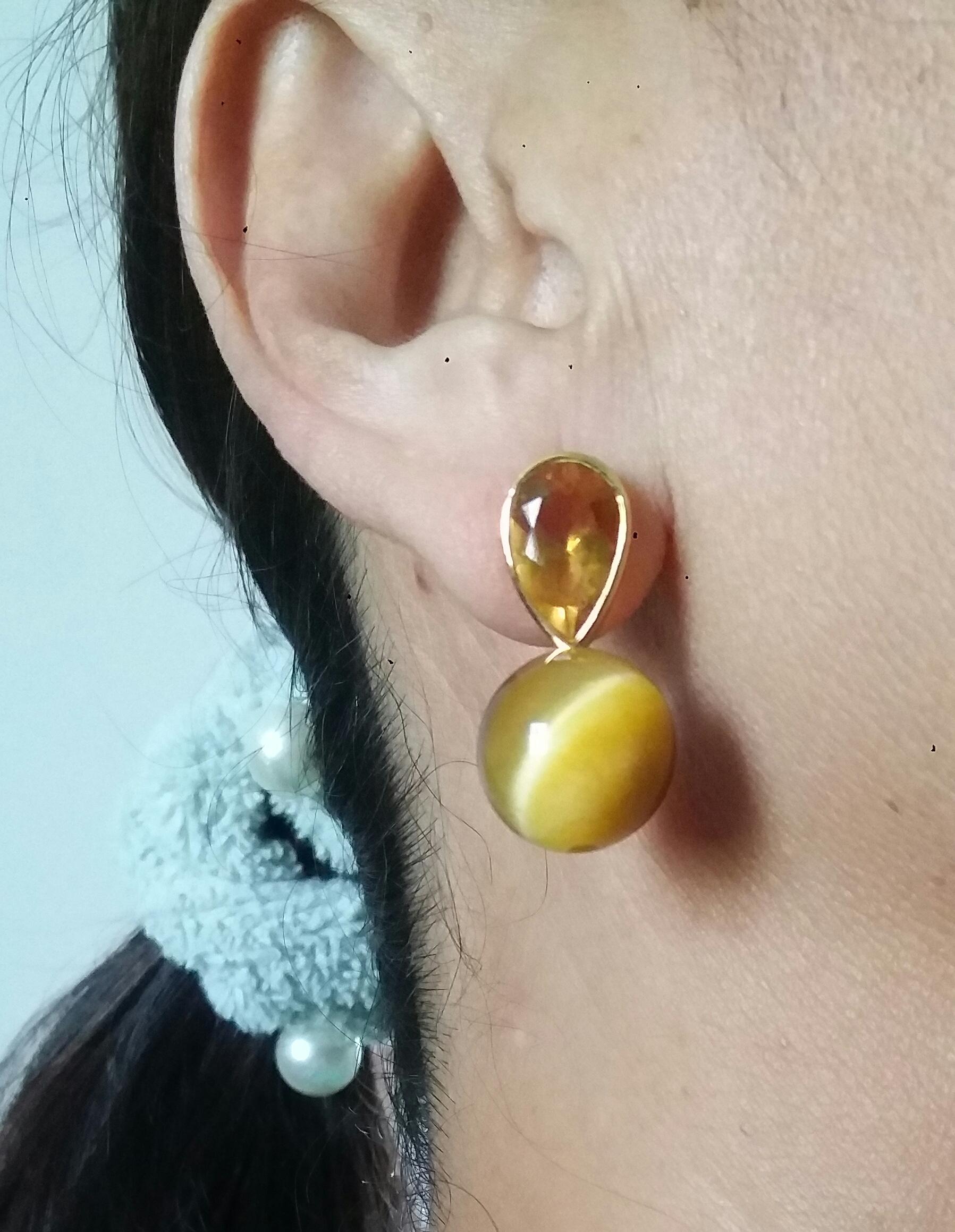 Contemporary 14 K Gold Pear Shape Faceted Citrine Golden Tiger Eye Round Beads Stud Earrings
