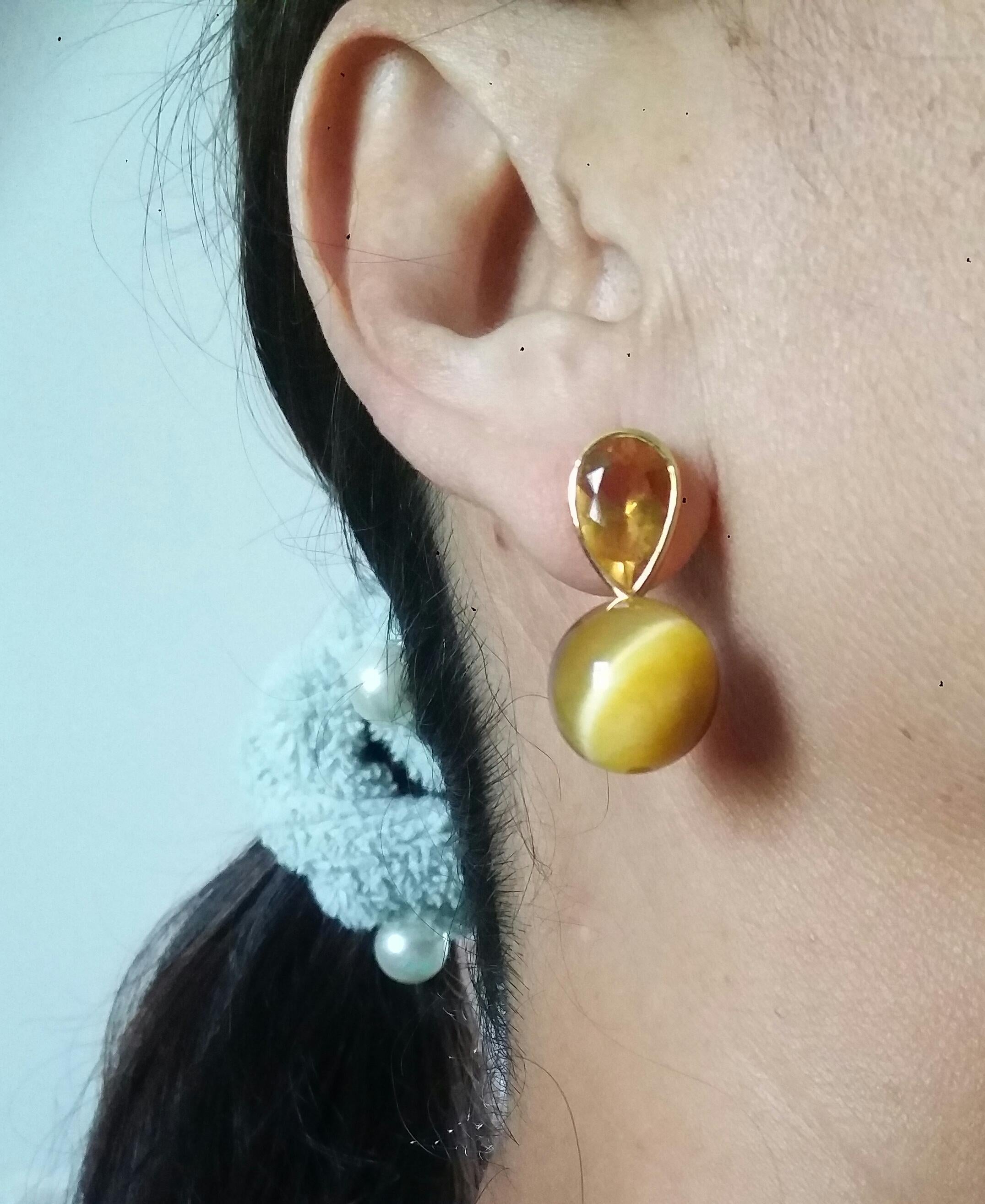 Pear Cut 14 K Gold Pear Shape Faceted Citrine Golden Tiger Eye Round Beads Stud Earrings