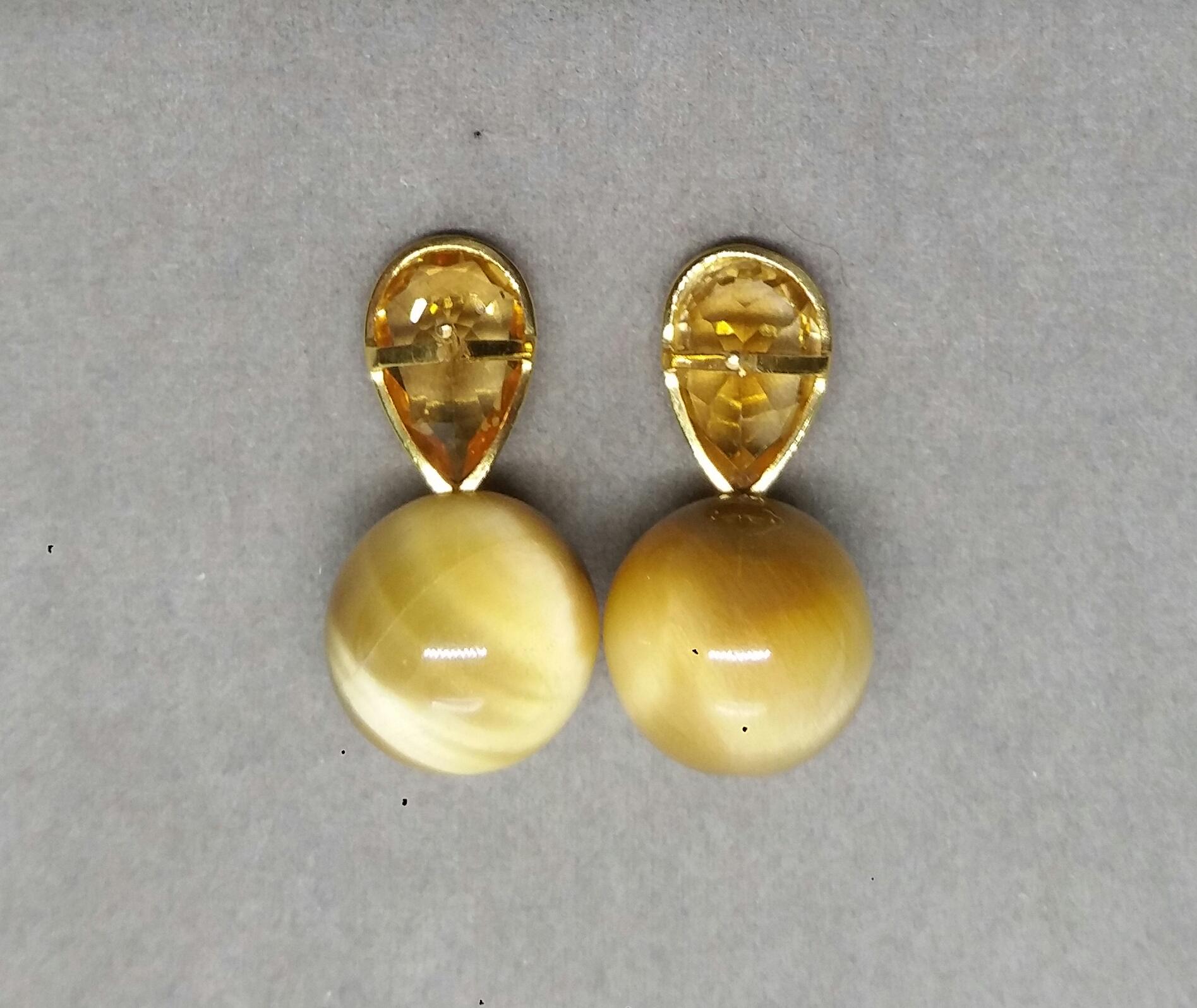 14 K Gold Pear Shape Faceted Citrine Golden Tiger Eye Round Beads Stud Earrings In Good Condition In Bangkok, TH