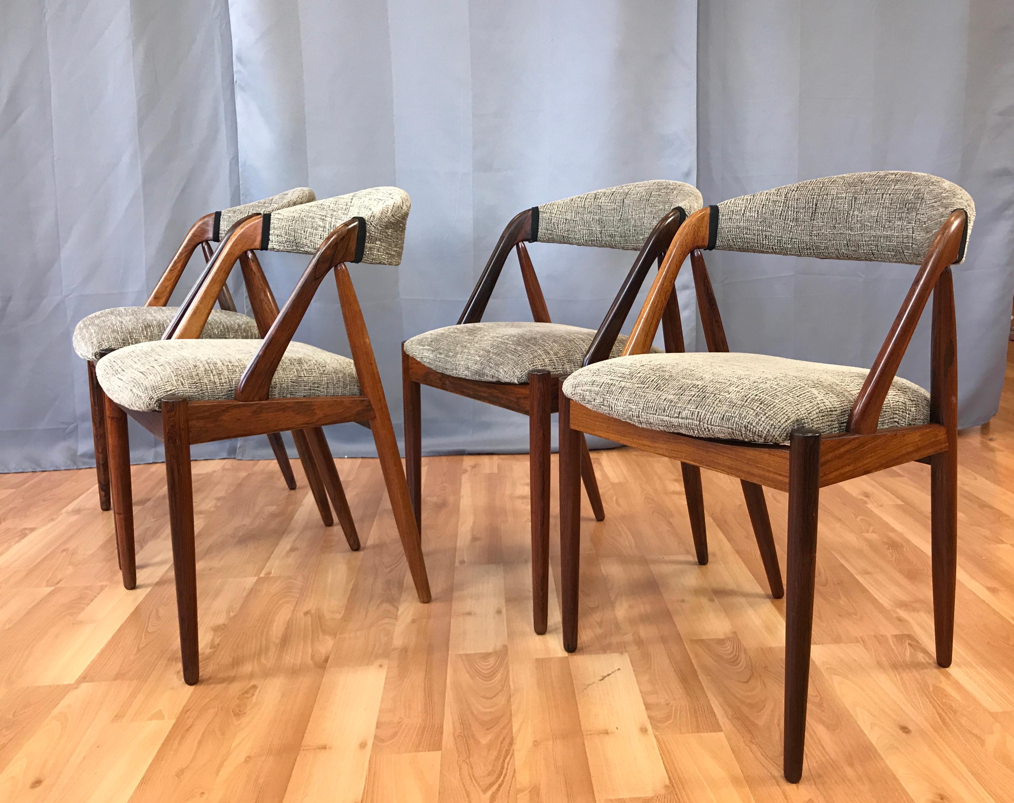 A 1960s Danish Modern set of four Model 31 rosewood dining chairs by Kai Kristiansen for Schou Anderson Møbelfabrik.

One of Kristiansen’s most desirable and enduring designs. Solid rosewood frames recently reupholstered in very handsome dark cream