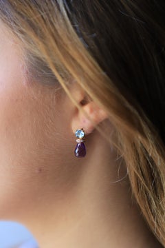 4 Karat Aquamarine 18 Karat Gold Amethyst White Diamonds Dangle Earrings