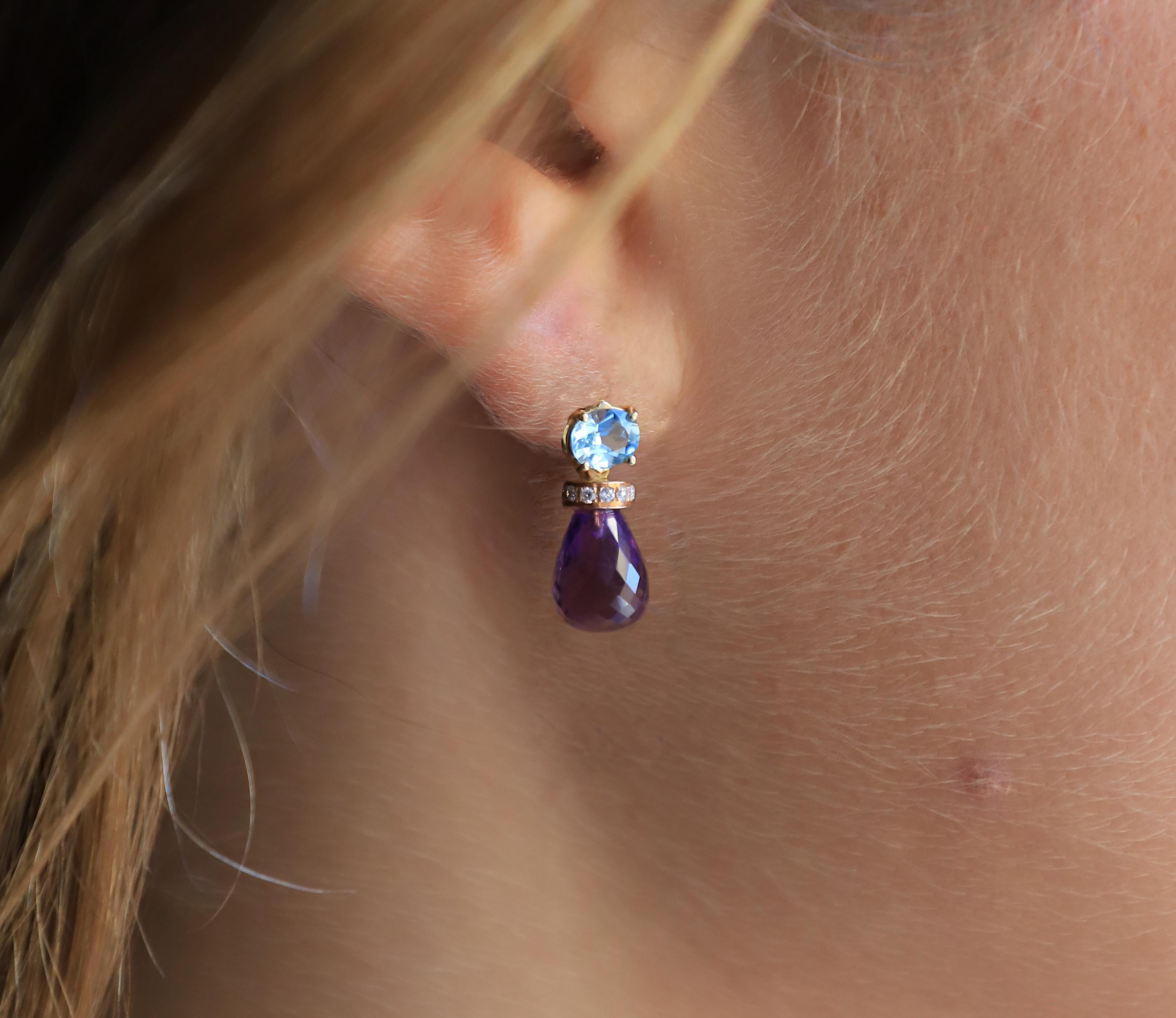 Pear Cut 4 Karat Aquamarine 18 Karat Gold Amethyst White Diamonds Dangle Earrings For Sale