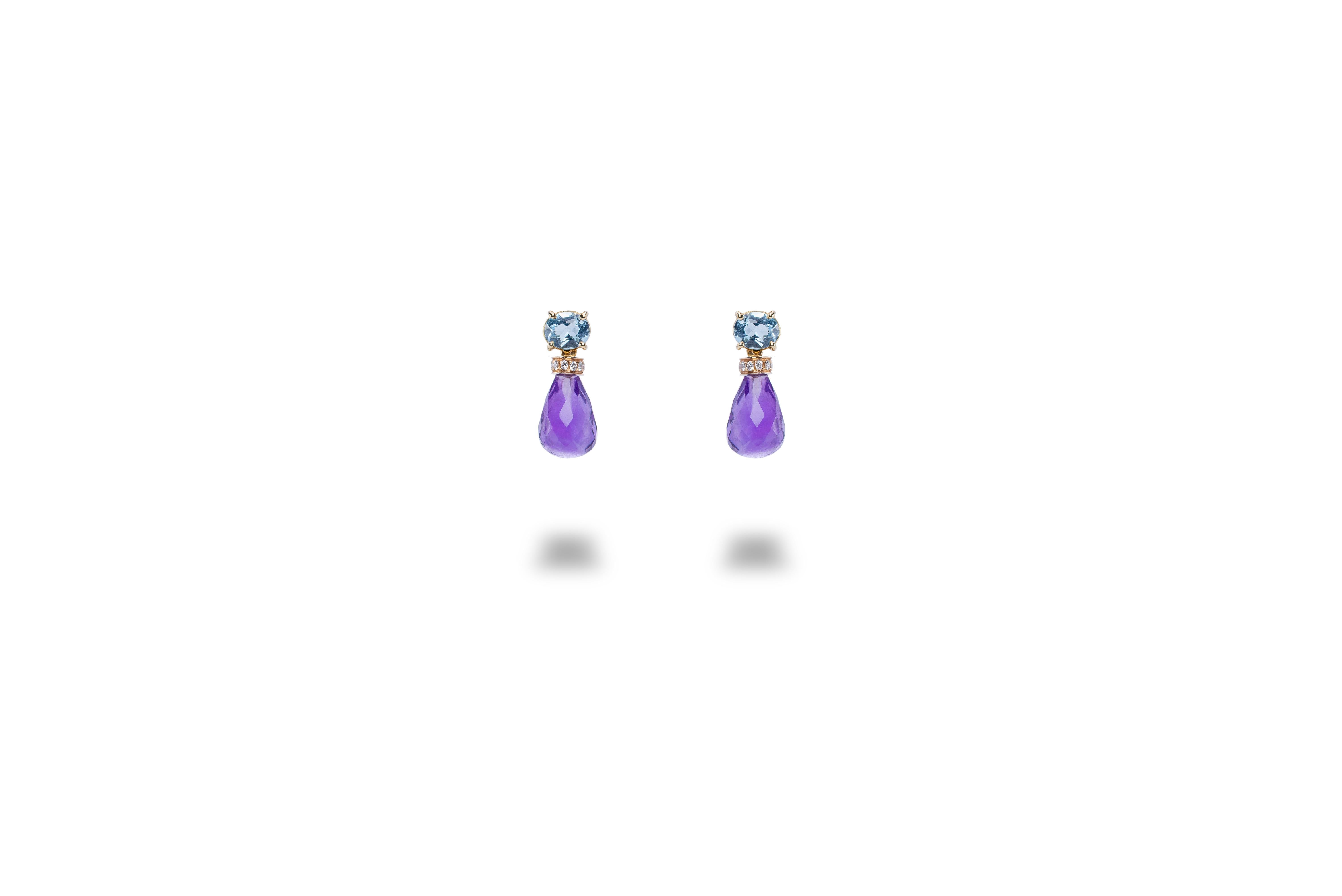 Women's 4 Karat Aquamarine 18 Karat Gold Amethyst White Diamonds Dangle Earrings