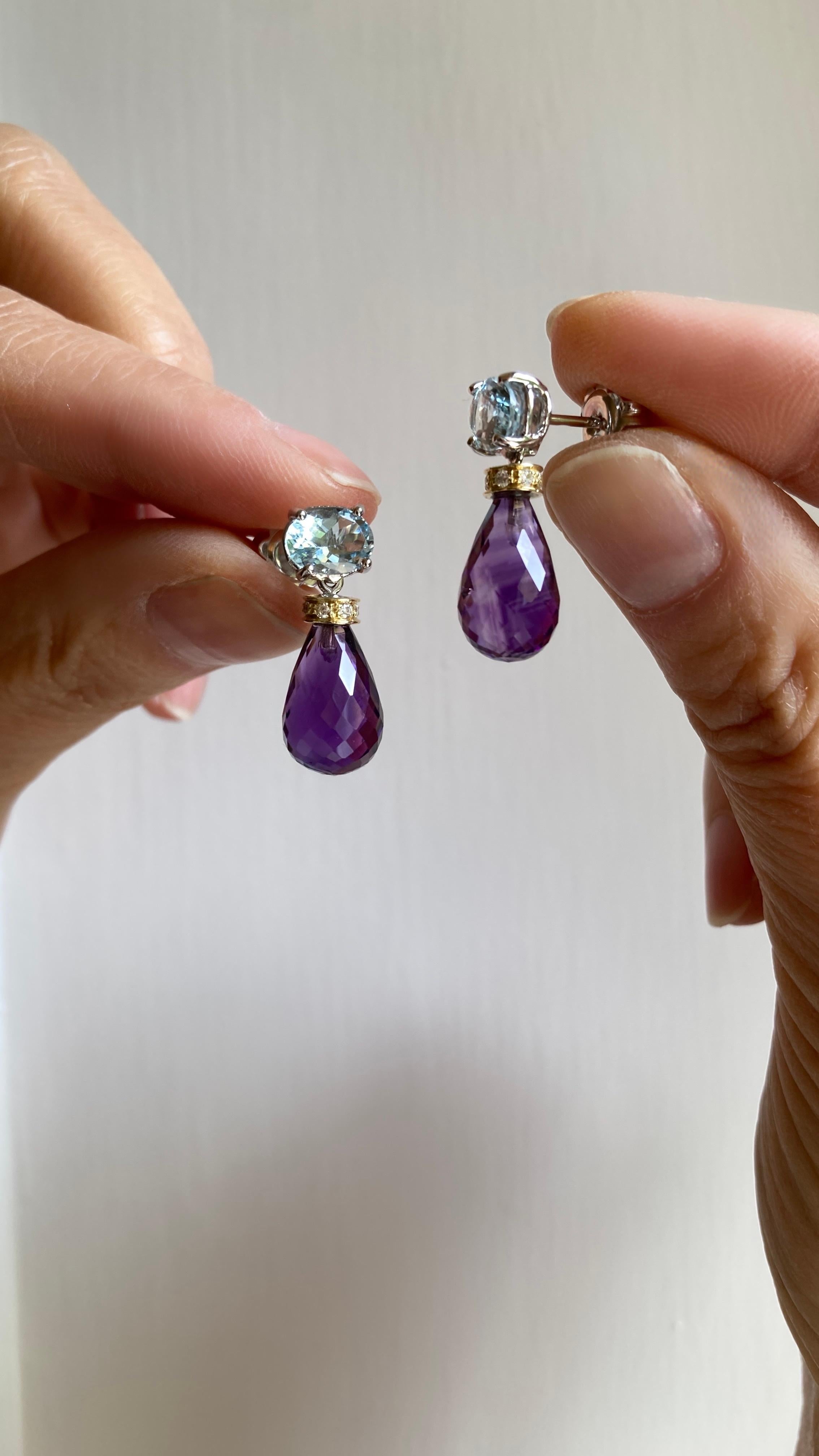 4 Karat Aquamarine 18 Karat Gold Amethyst White Diamonds Dangle Earrings For Sale 2